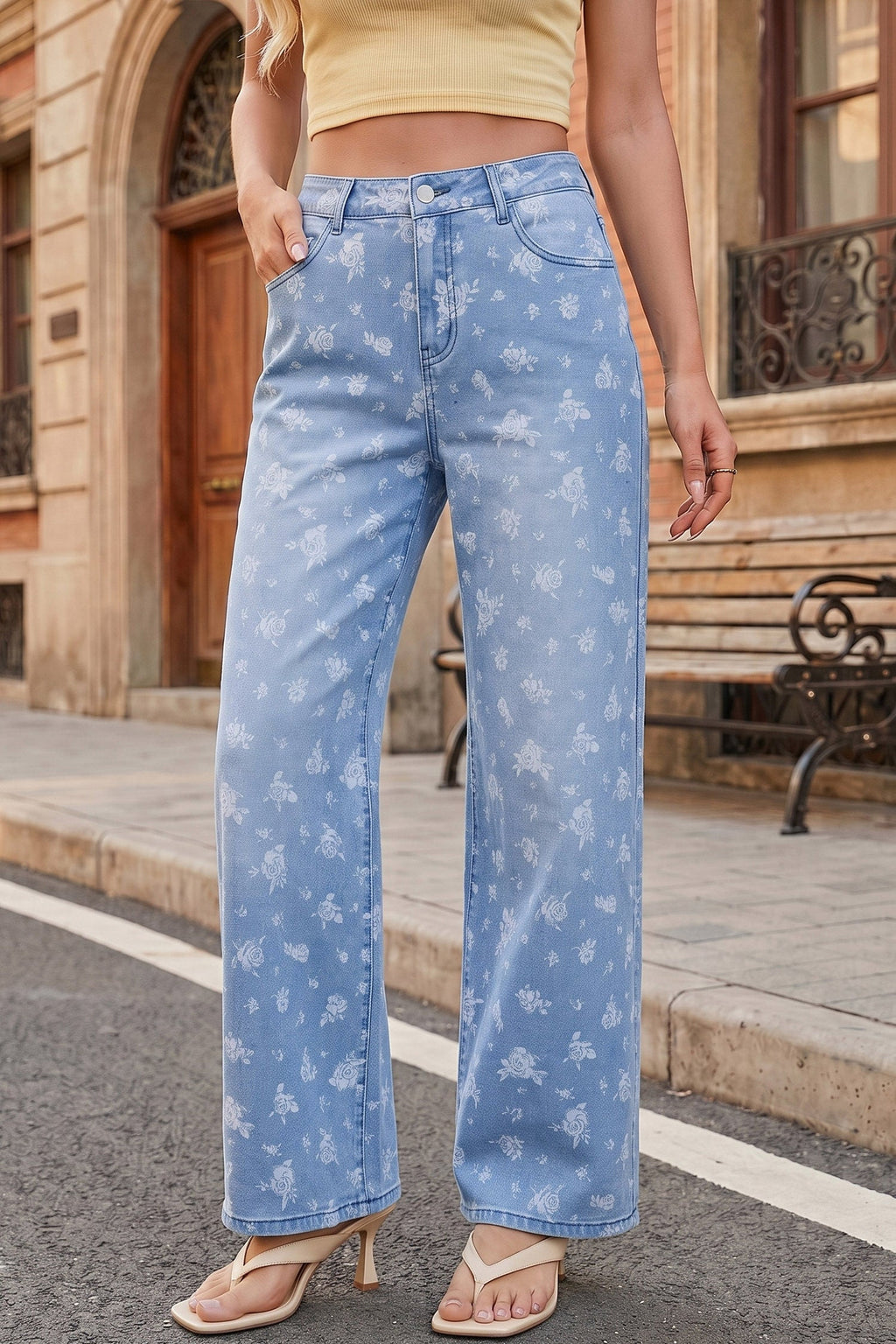 Dokotoo Women's Wide Leg Jeans Floral Print Baggy Denim Pants with Pockets