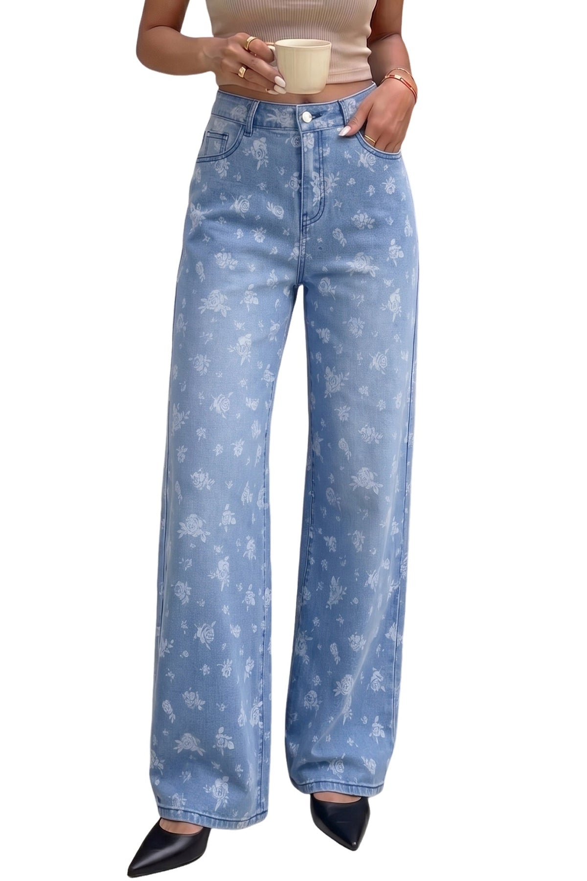 Dokotoo Women's Wide Leg Jeans Floral Print Baggy Denim Pants with Pockets