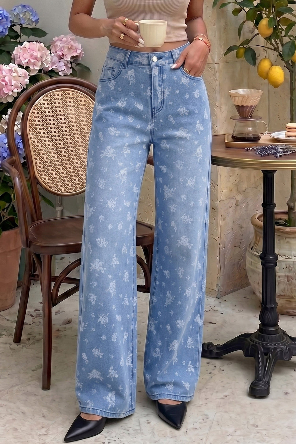 Dokotoo Women's Wide Leg Jeans Floral Print Baggy Denim Pants with Pockets
