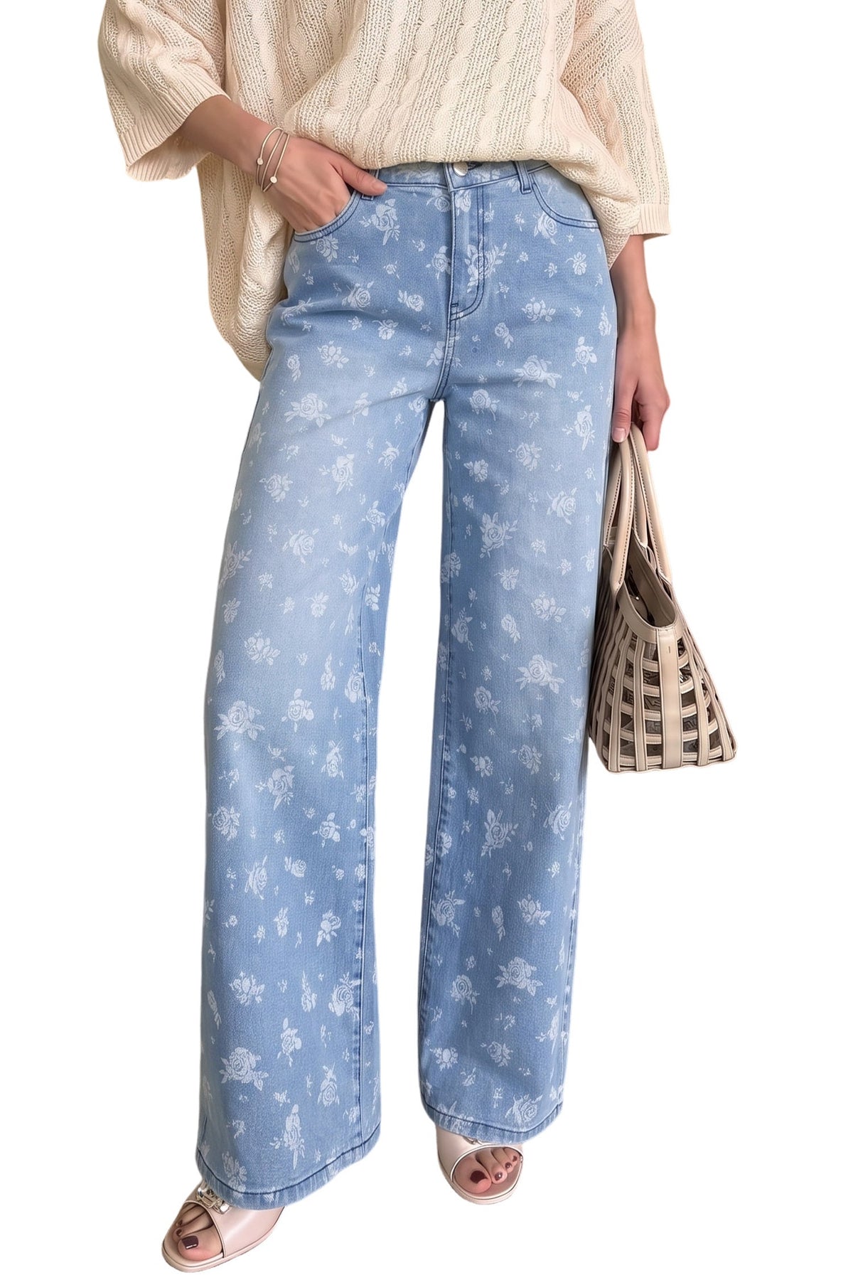 Dokotoo Women's Wide Leg Jeans Floral Print Baggy Denim Pants with Pockets