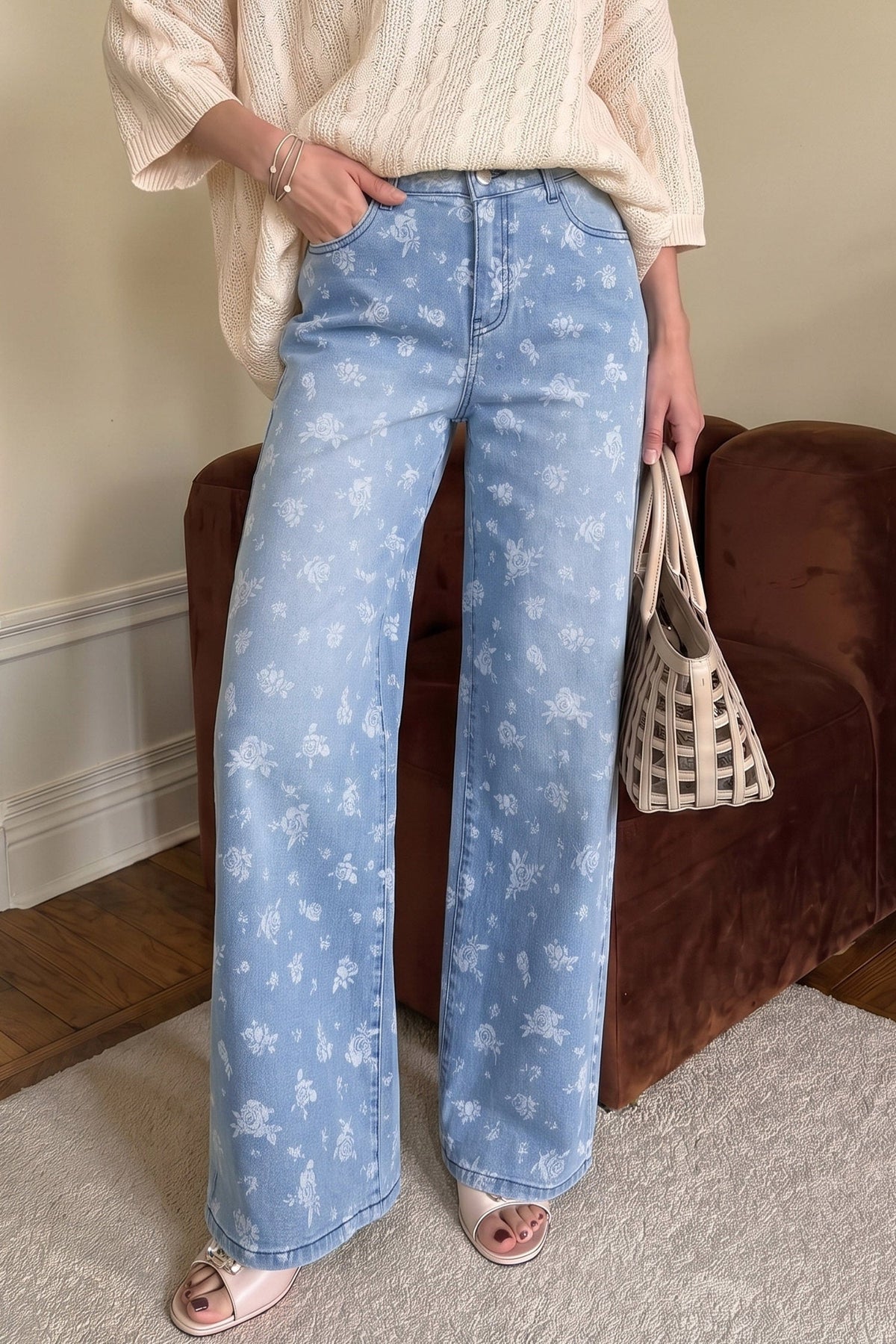 Dokotoo Women's Wide Leg Jeans Floral Print Baggy Denim Pants with Pockets