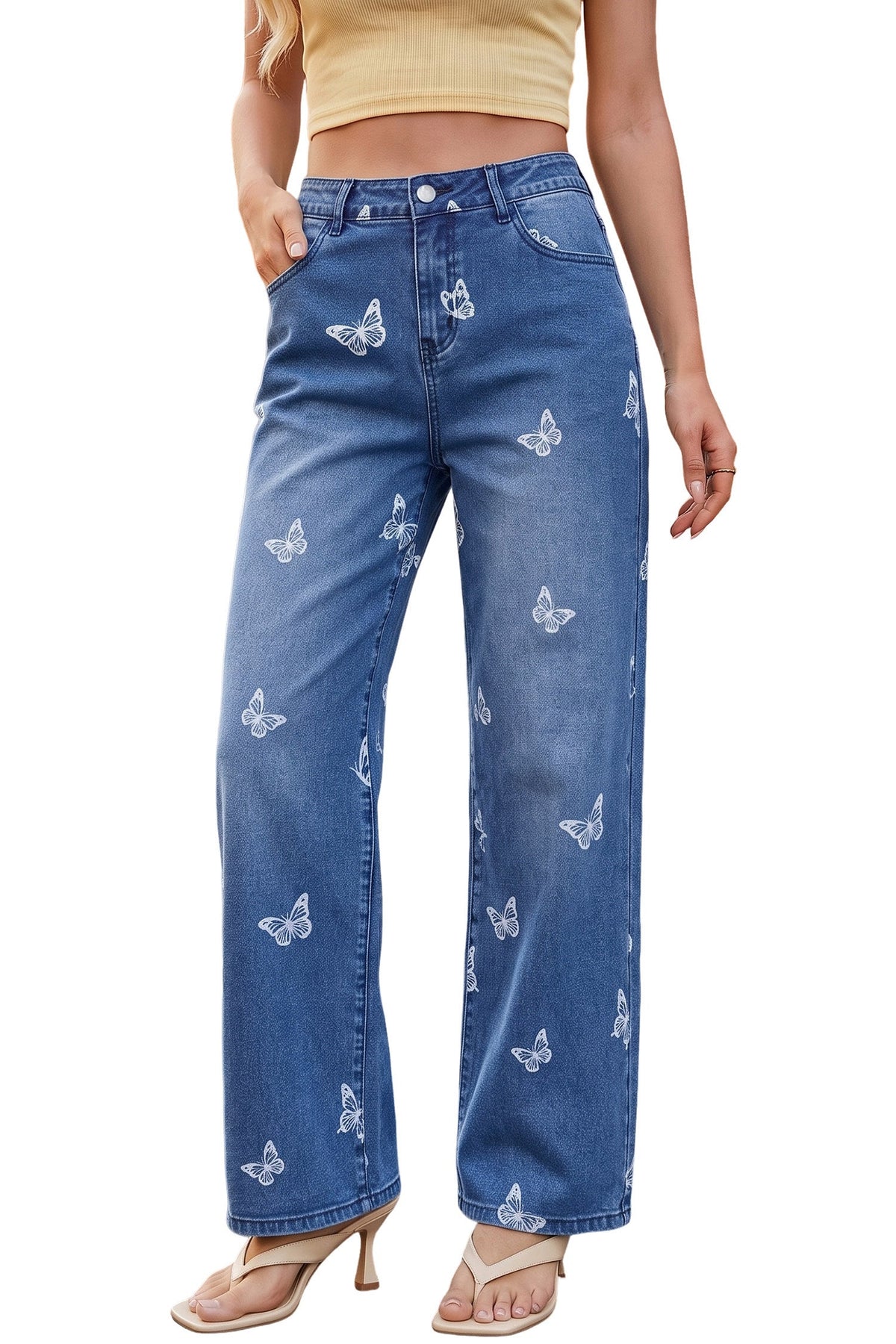 Dokotoo Women's Wide Leg Jeans Floral Print Baggy Denim Pants with Pockets