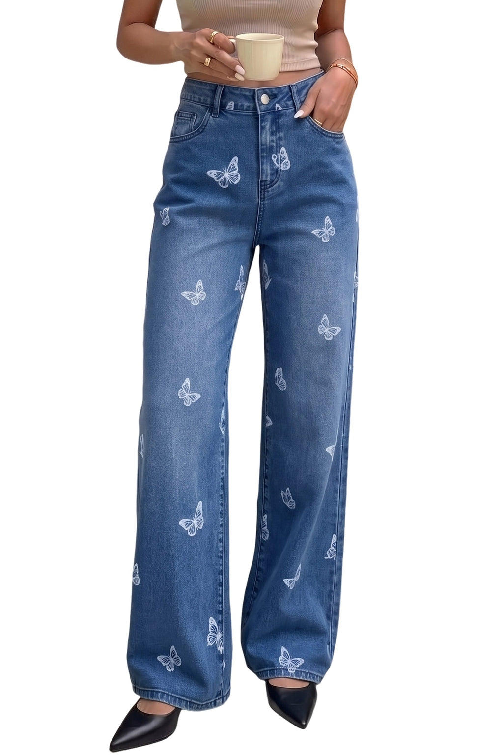 Dokotoo Women's Wide Leg Jeans Floral Print Baggy Denim Pants with Pockets