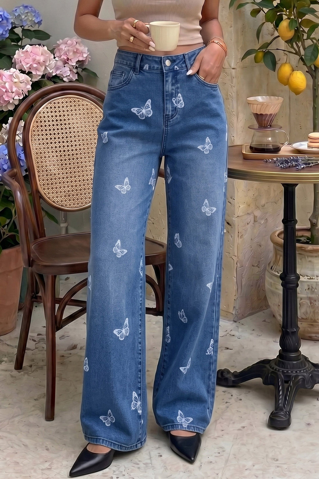 Dokotoo Women's Wide Leg Jeans Floral Print Baggy Denim Pants with Pockets