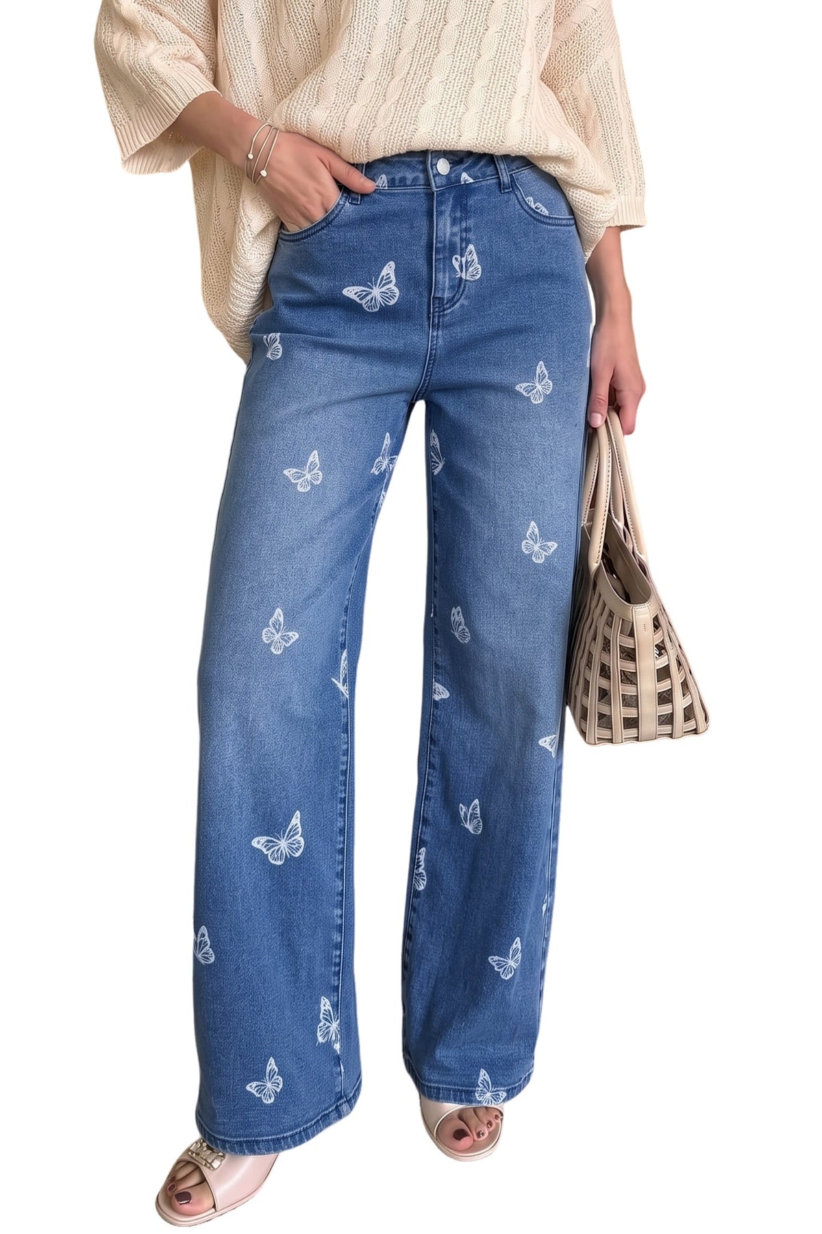 Dokotoo Women's Wide Leg Jeans Floral Print Baggy Denim Pants with Pockets