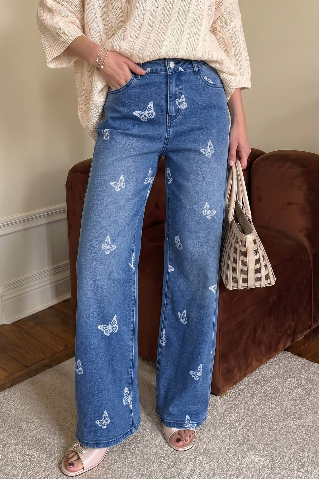 Dokotoo Women's Wide Leg Jeans Floral Print Baggy Denim Pants with Pockets