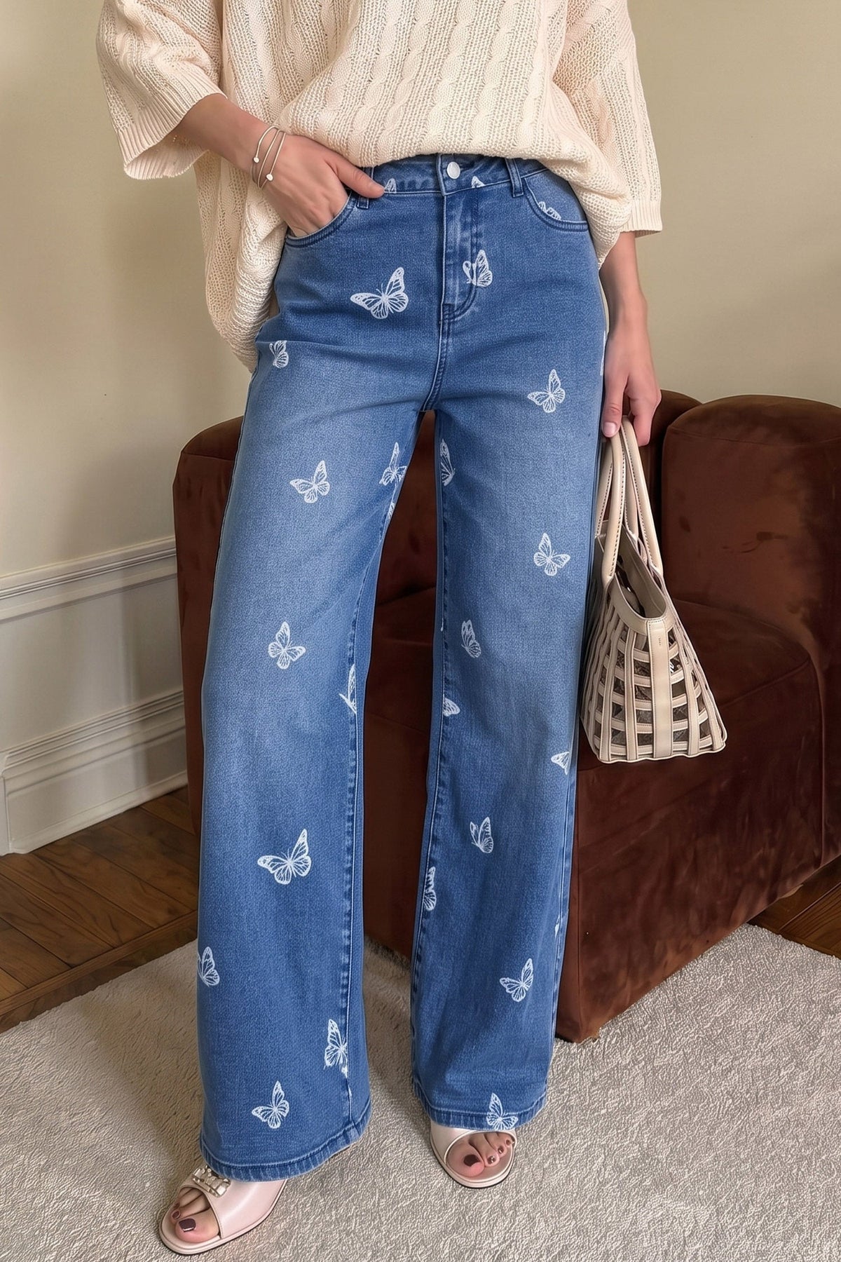 Dokotoo Women's Wide Leg Jeans Floral Print Baggy Denim Pants with Pockets
