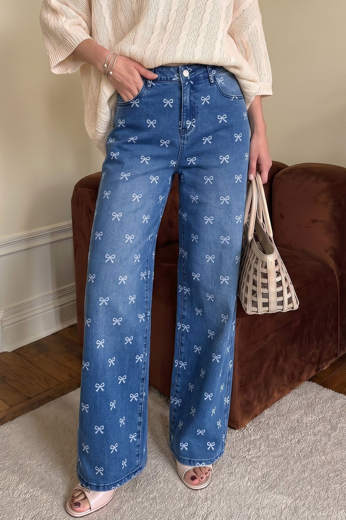 Dokotoo Women's Wide Leg Jeans Floral Print Baggy Denim Pants with Pockets