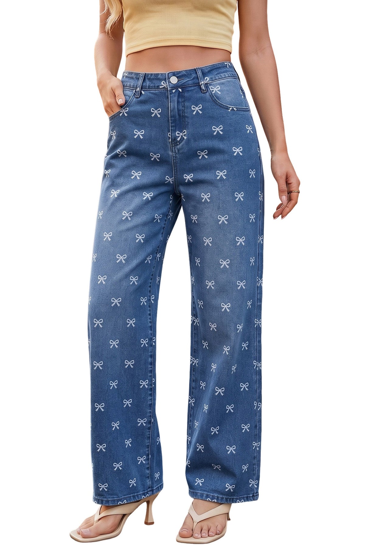 Dokotoo Women's Wide Leg Jeans Floral Print Baggy Denim Pants with Pockets