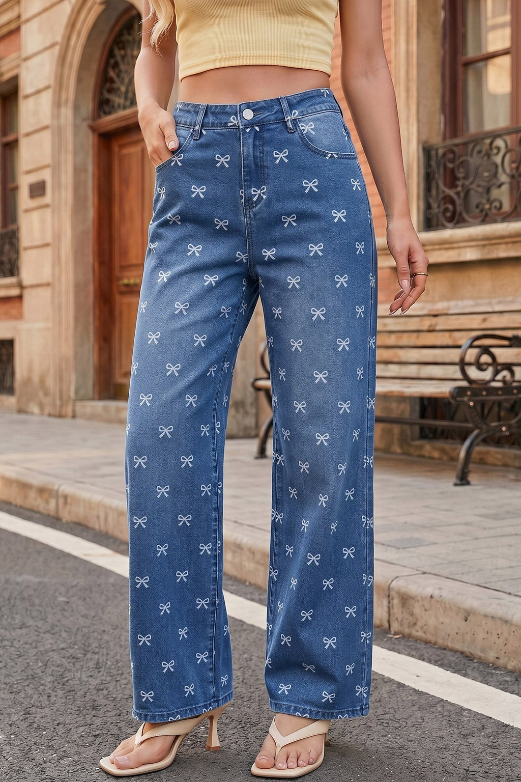 Dokotoo Women's Wide Leg Jeans Floral Print Baggy Denim Pants with Pockets