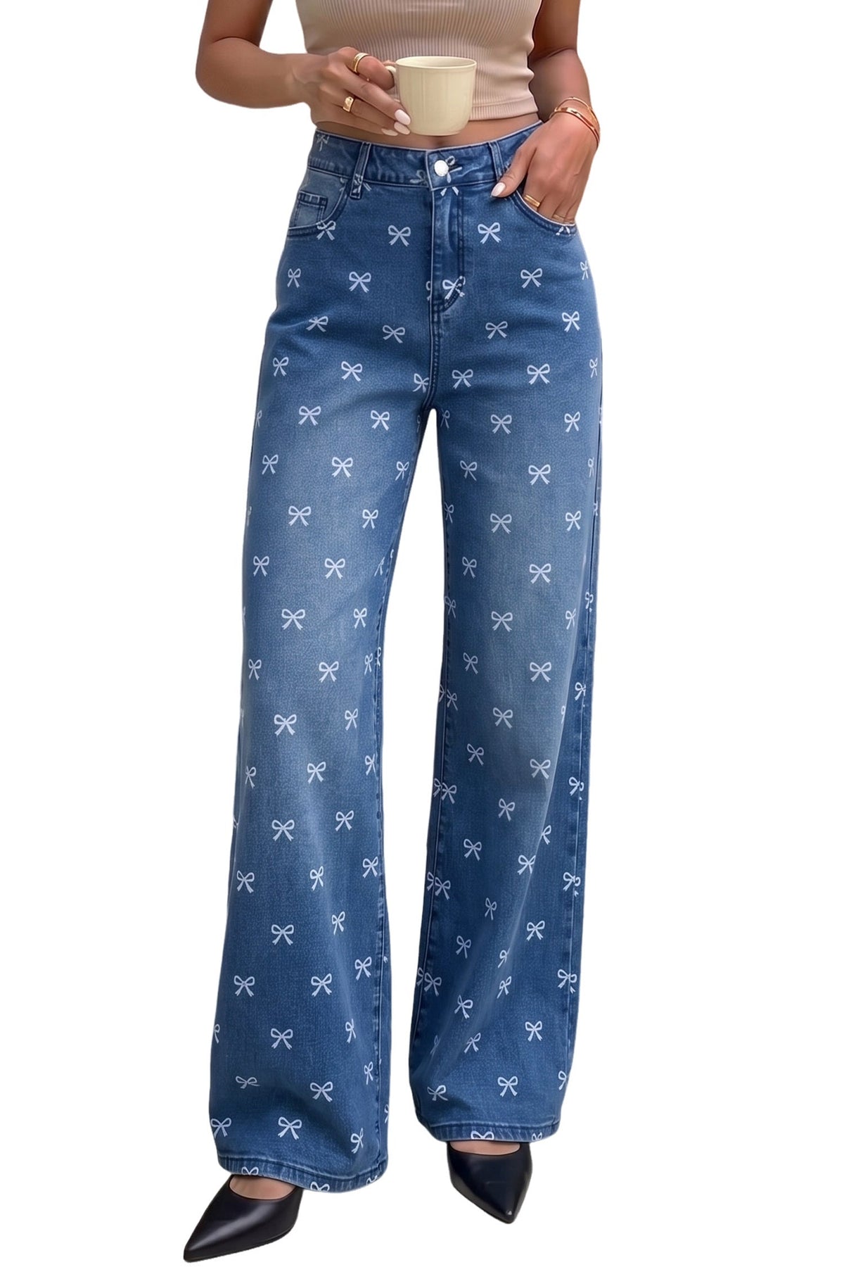 Dokotoo Women's Wide Leg Jeans Floral Print Baggy Denim Pants with Pockets