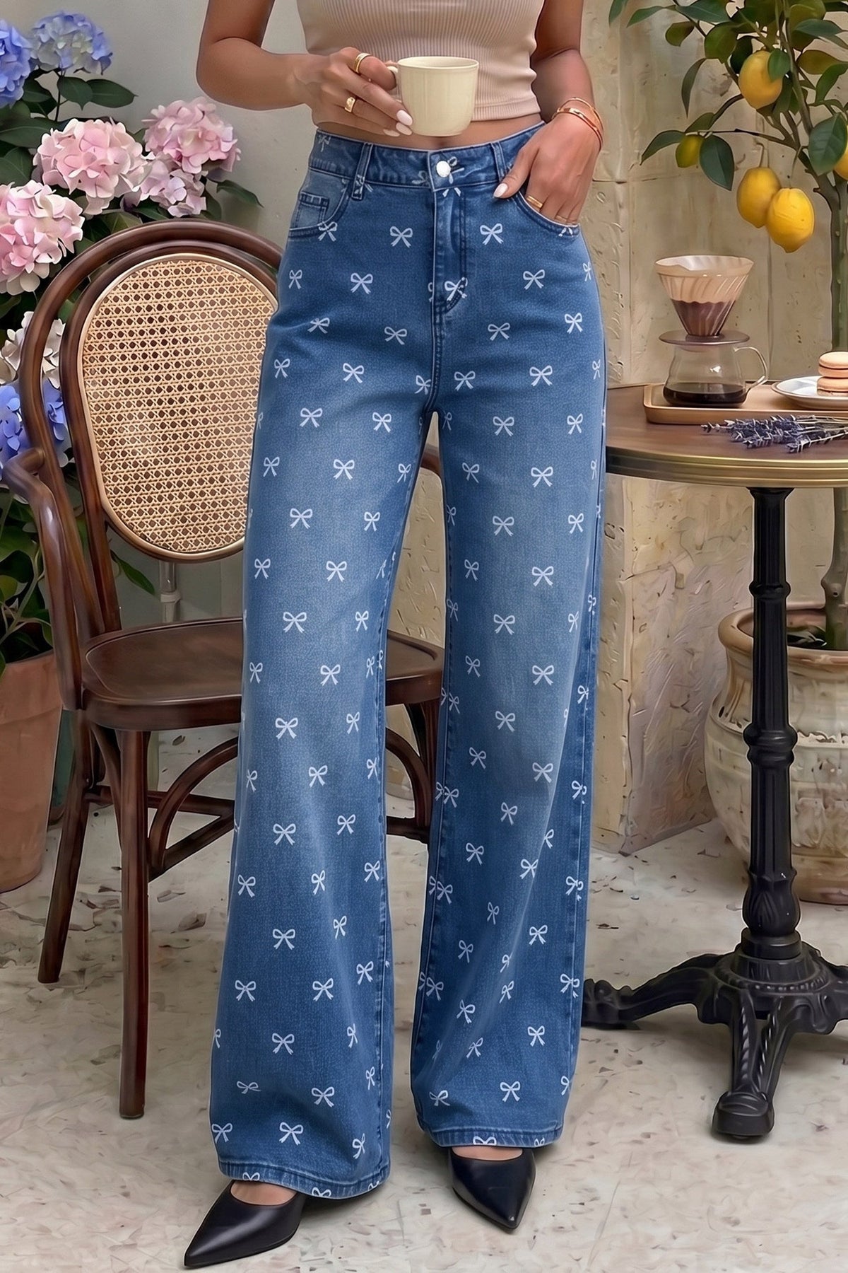 Dokotoo Women's Wide Leg Jeans Floral Print Baggy Denim Pants with Pockets
