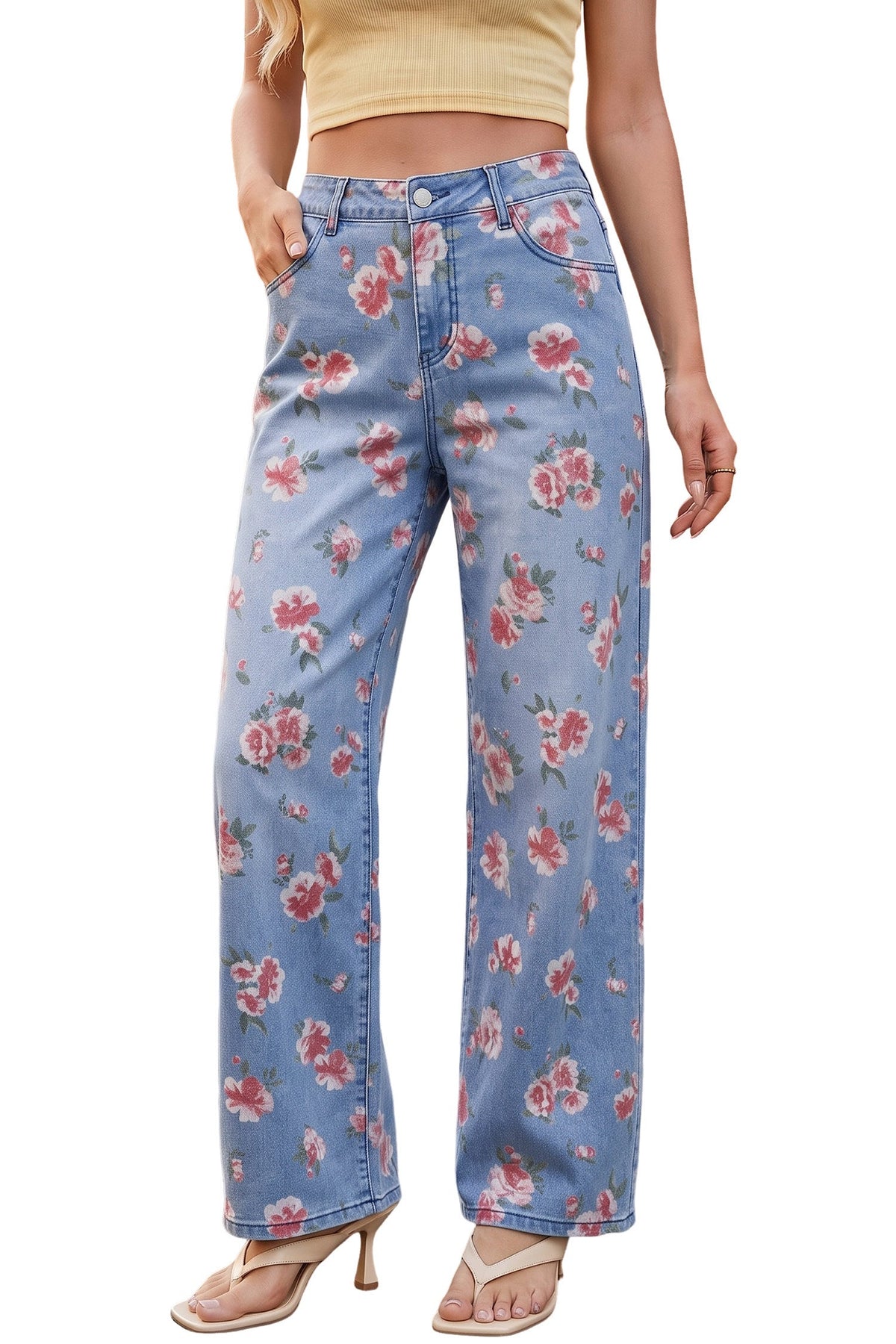 Dokotoo Women's Wide Leg Jeans Floral Print Baggy Denim Pants with Pockets
