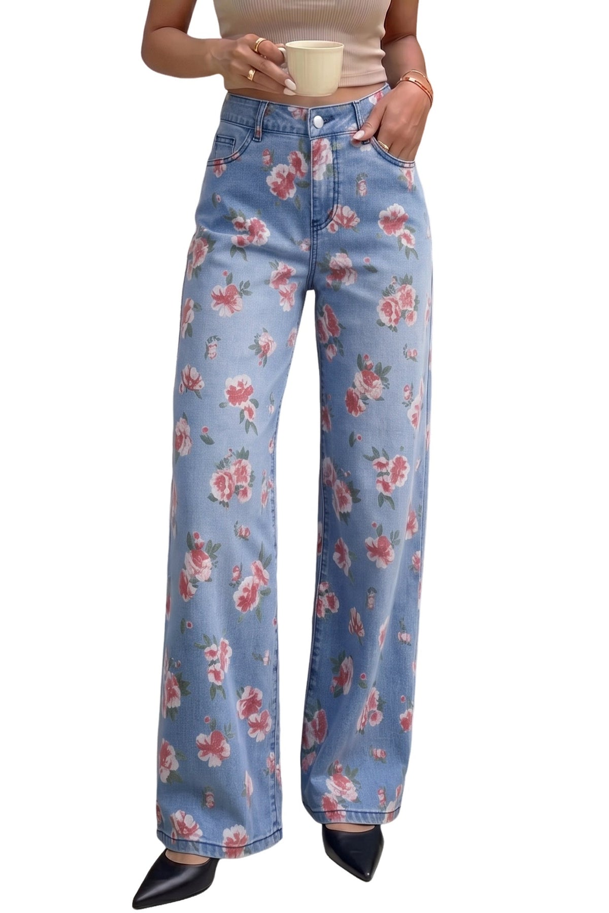 Dokotoo Women's Wide Leg Jeans Floral Print Baggy Denim Pants with Pockets