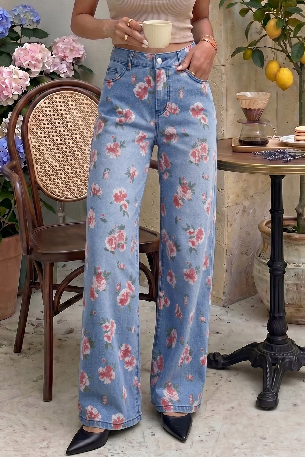 Dokotoo Women's Wide Leg Jeans Floral Print Baggy Denim Pants with Pockets