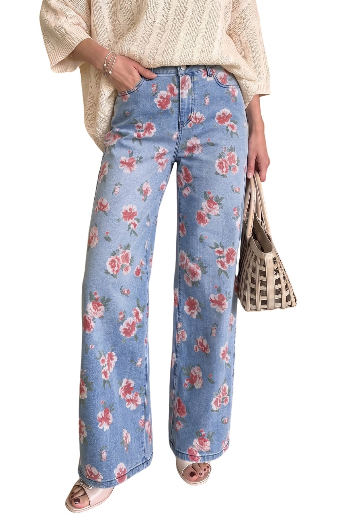 Dokotoo Women's Wide Leg Jeans Floral Print Baggy Denim Pants with Pockets