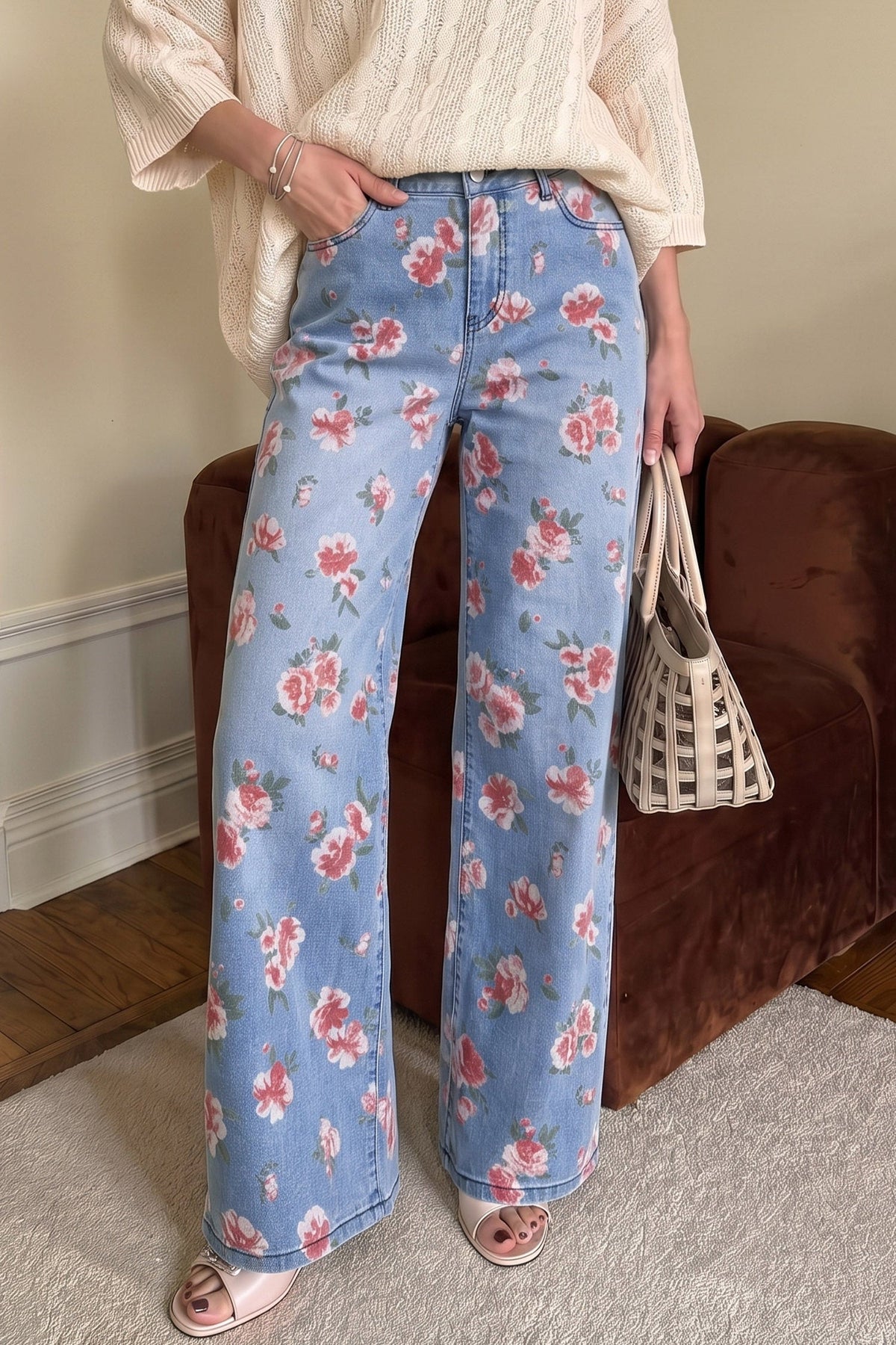 Dokotoo Women's Wide Leg Jeans Floral Print Baggy Denim Pants with Pockets