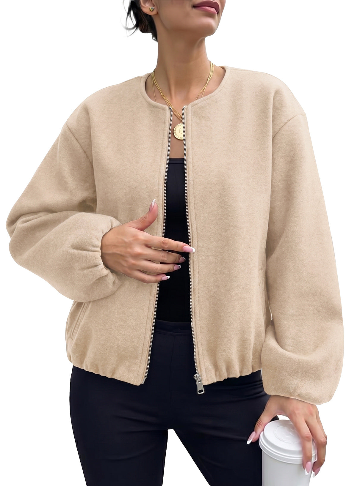 Bomber Jacket for Women Trendy Long Sleeve Coat with Pockets