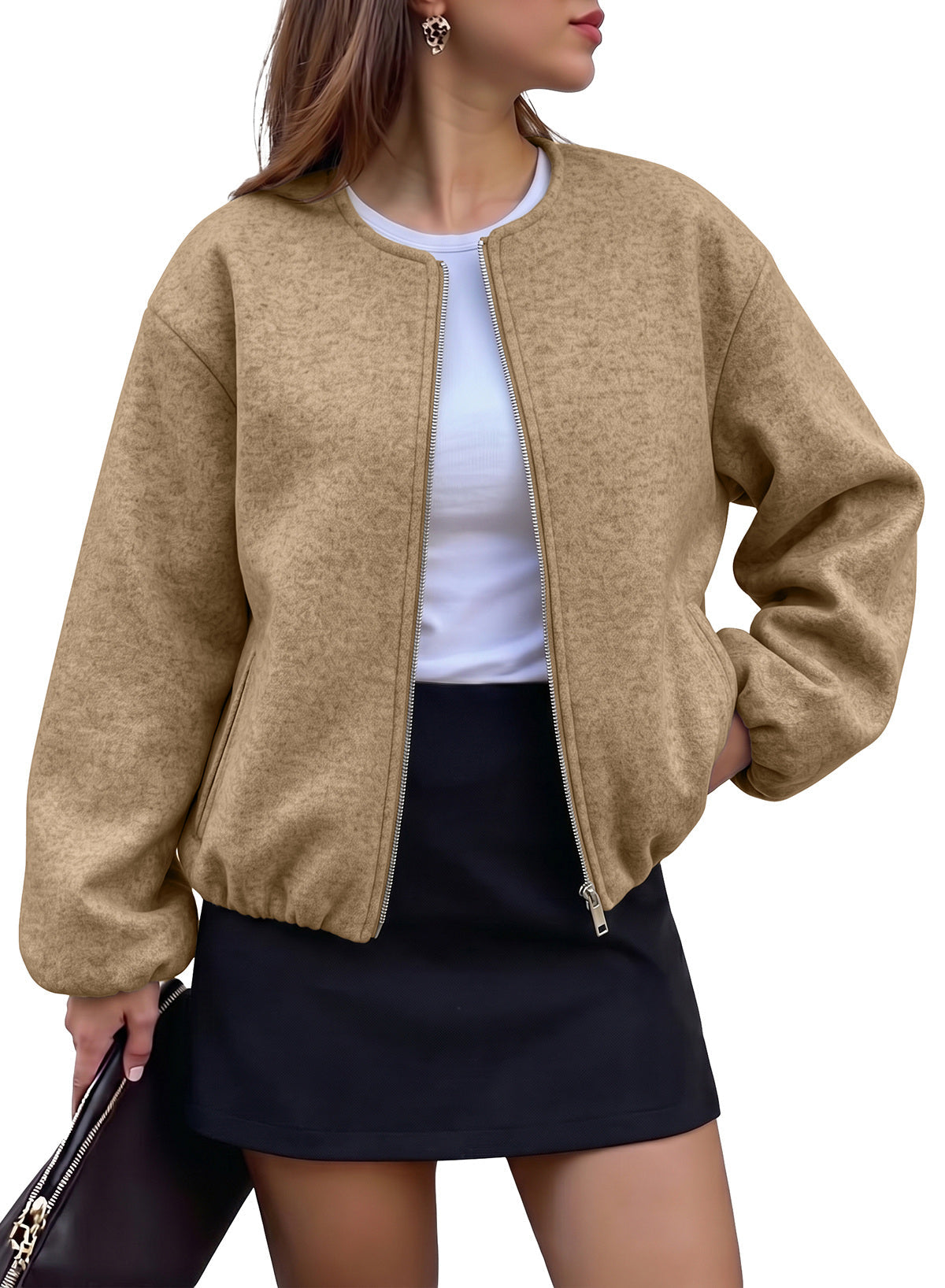 Bomber Jacket for Women Trendy Long Sleeve Coat with Pockets