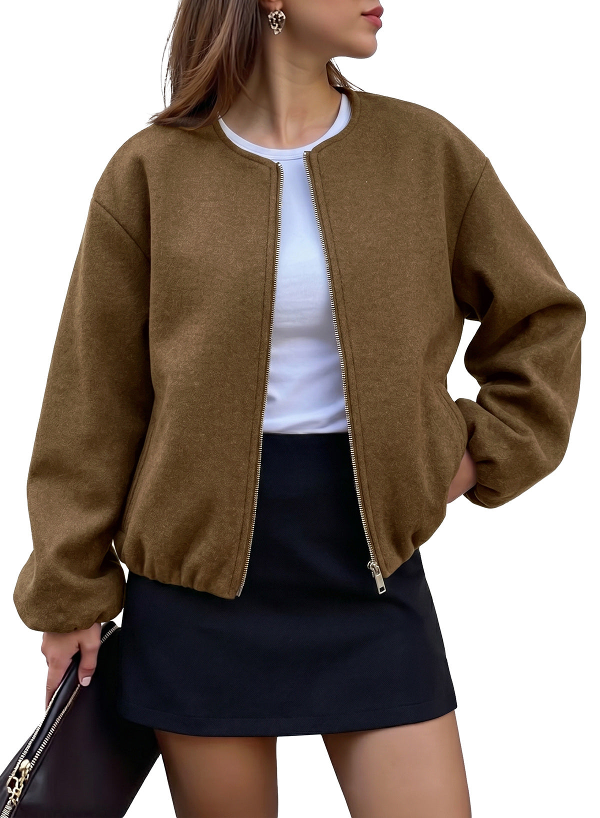 Bomber Jacket for Women Trendy Long Sleeve Coat with Pockets