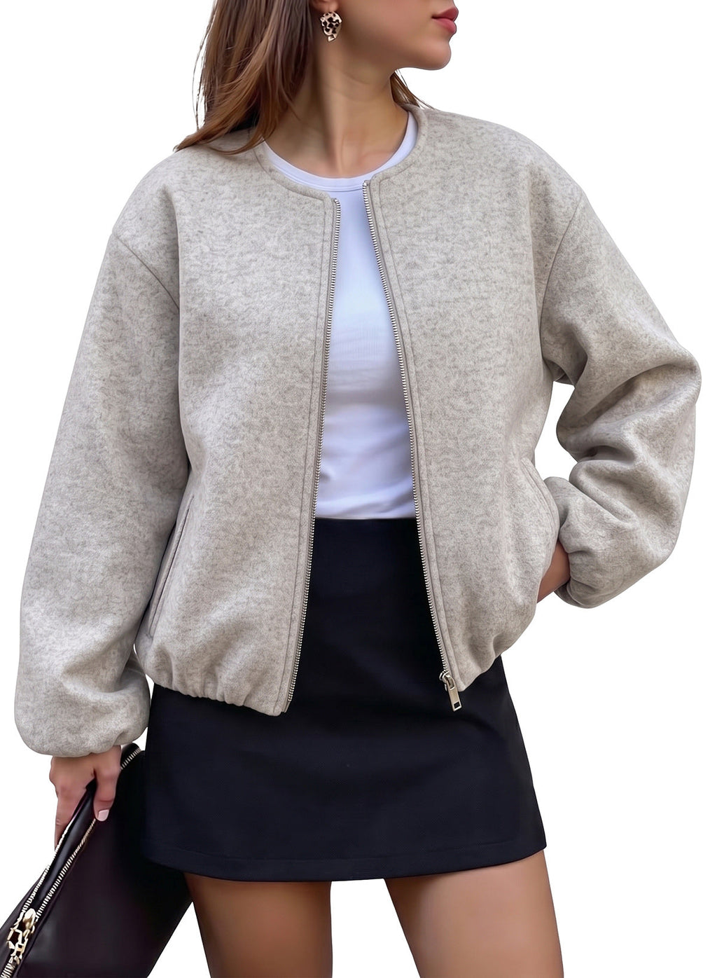 Bomber Jacket for Women Trendy Long Sleeve Coat with Pockets