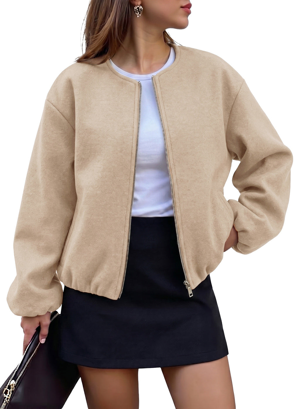 Bomber Jacket for Women Trendy Long Sleeve Coat with Pockets