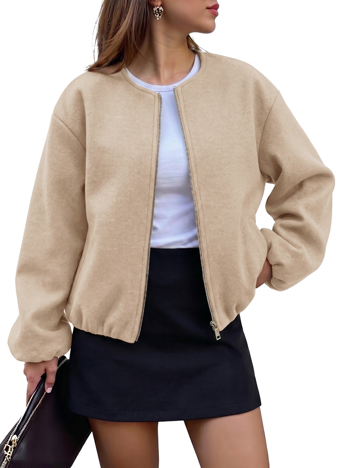Bomber Jacket for Women Trendy Long Sleeve Coat with Pockets
