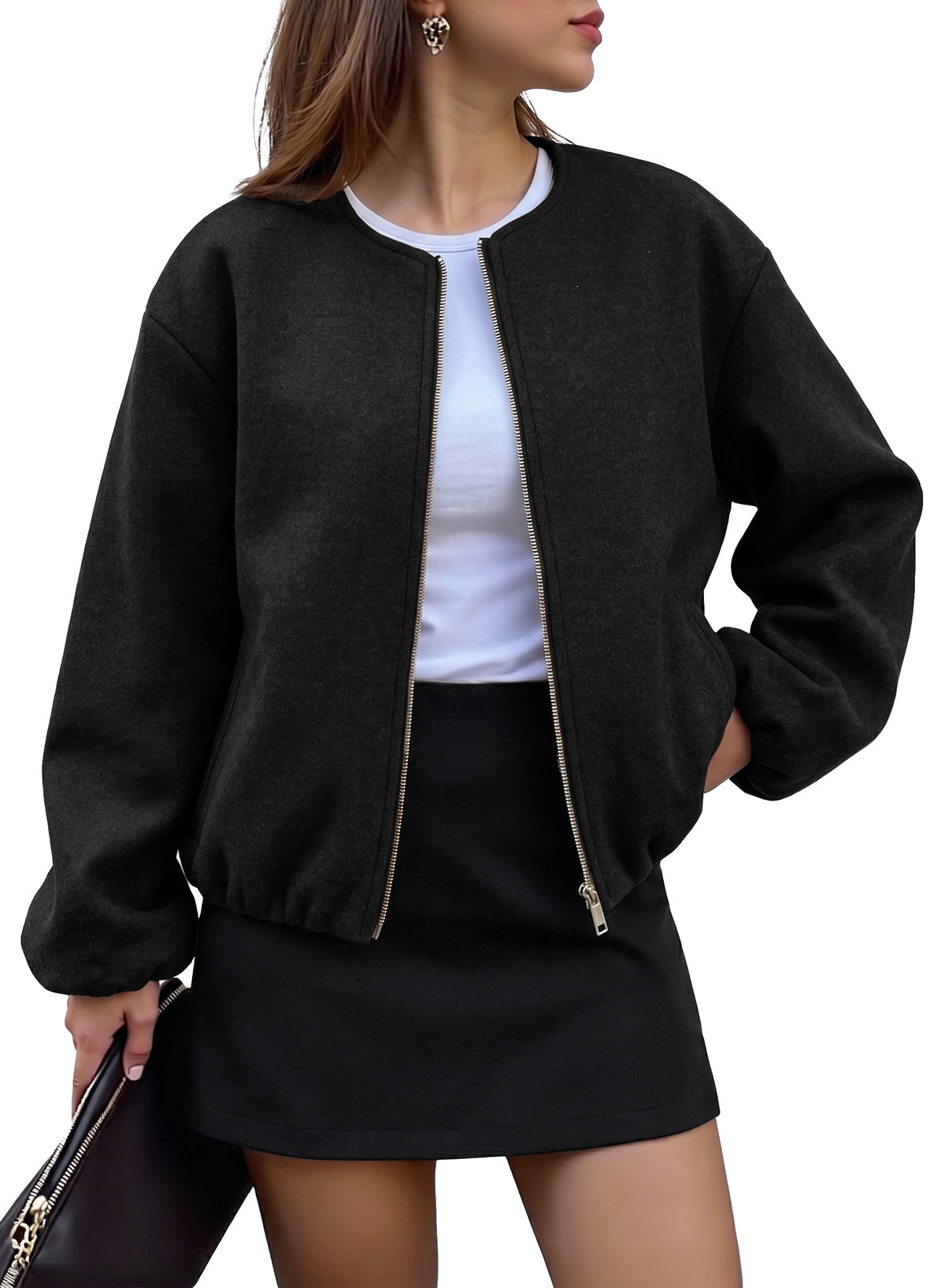 Bomber Jacket for Women Trendy Long Sleeve Coat with Pockets