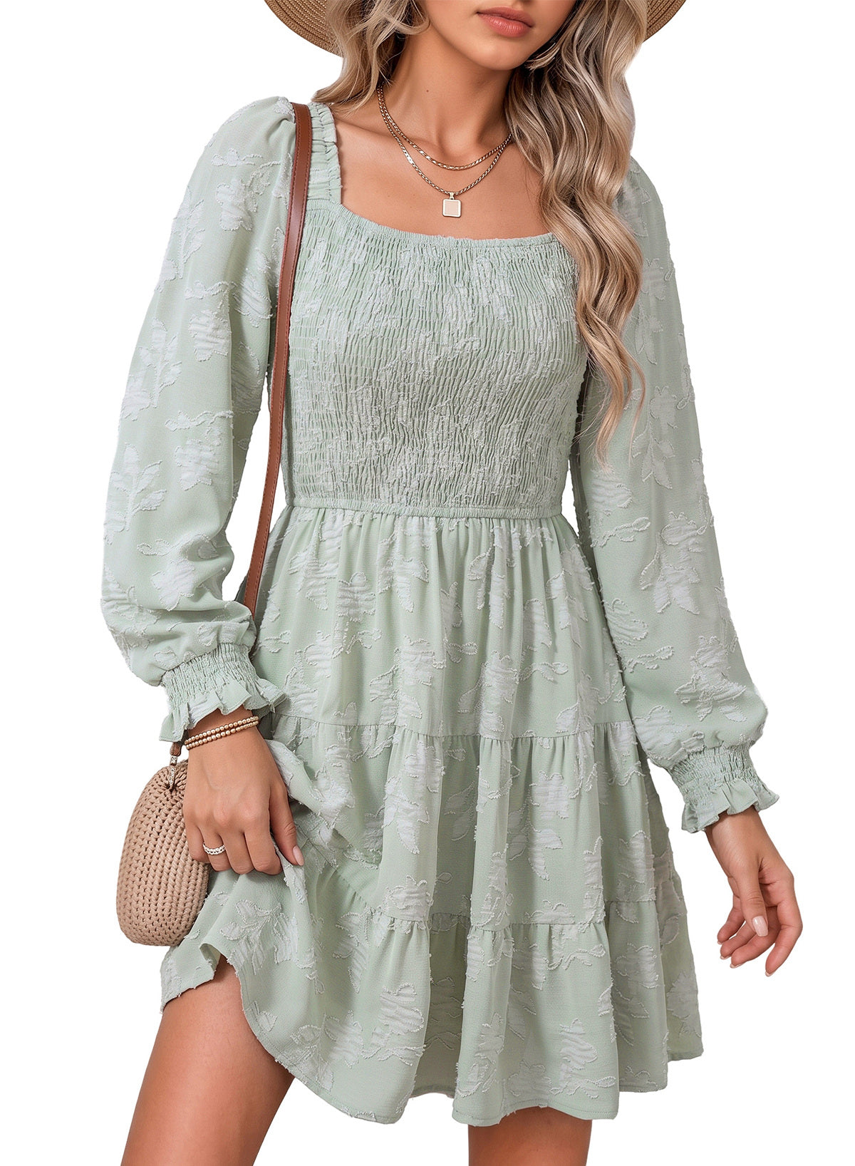 Dokotoo Womens Dresses Long Sleeve Square Neck Smocked Floral Burnout Swing Mini Dress