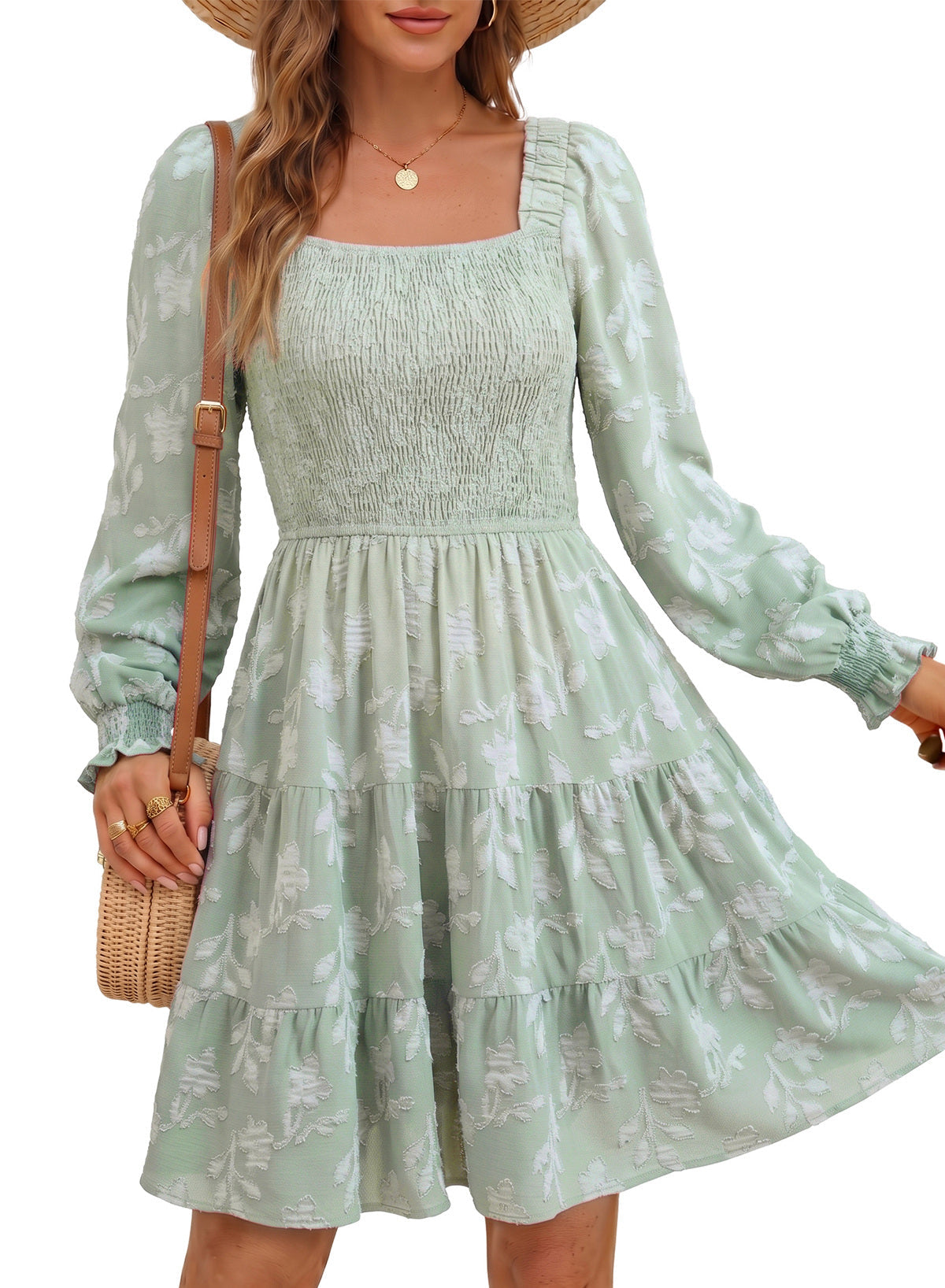Dokotoo Womens Dresses Long Sleeve Square Neck Smocked Floral Burnout Swing Mini Dress