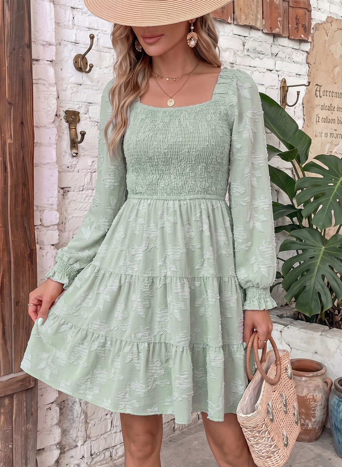 Dokotoo Womens Dresses Long Sleeve Square Neck Smocked Floral Burnout Swing Mini Dress