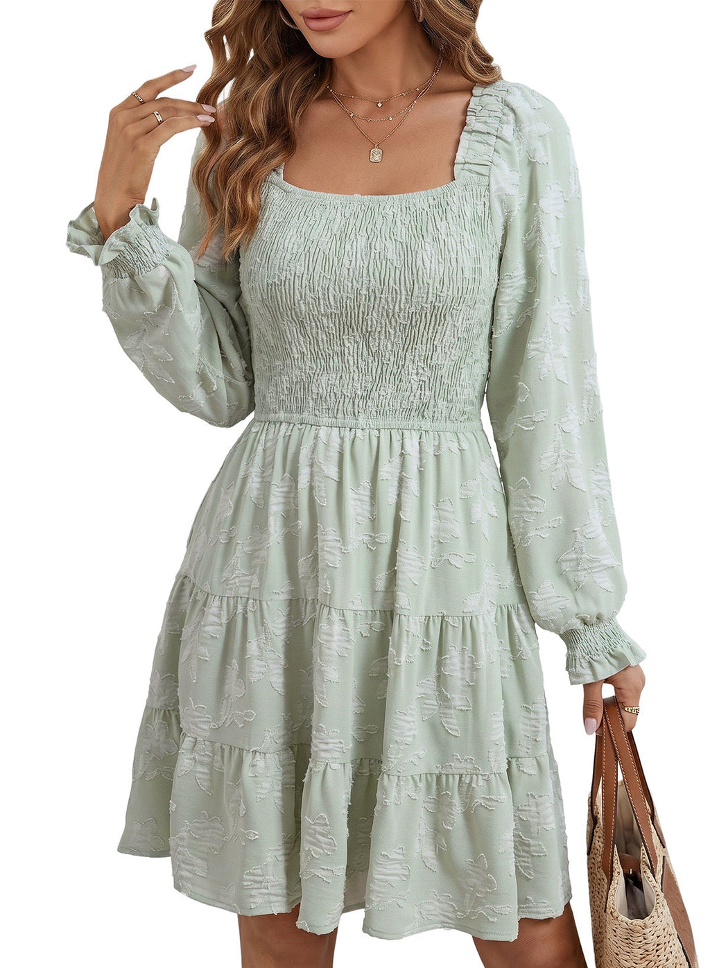 Dokotoo Womens Dresses Long Sleeve Square Neck Smocked Floral Burnout Swing Mini Dress