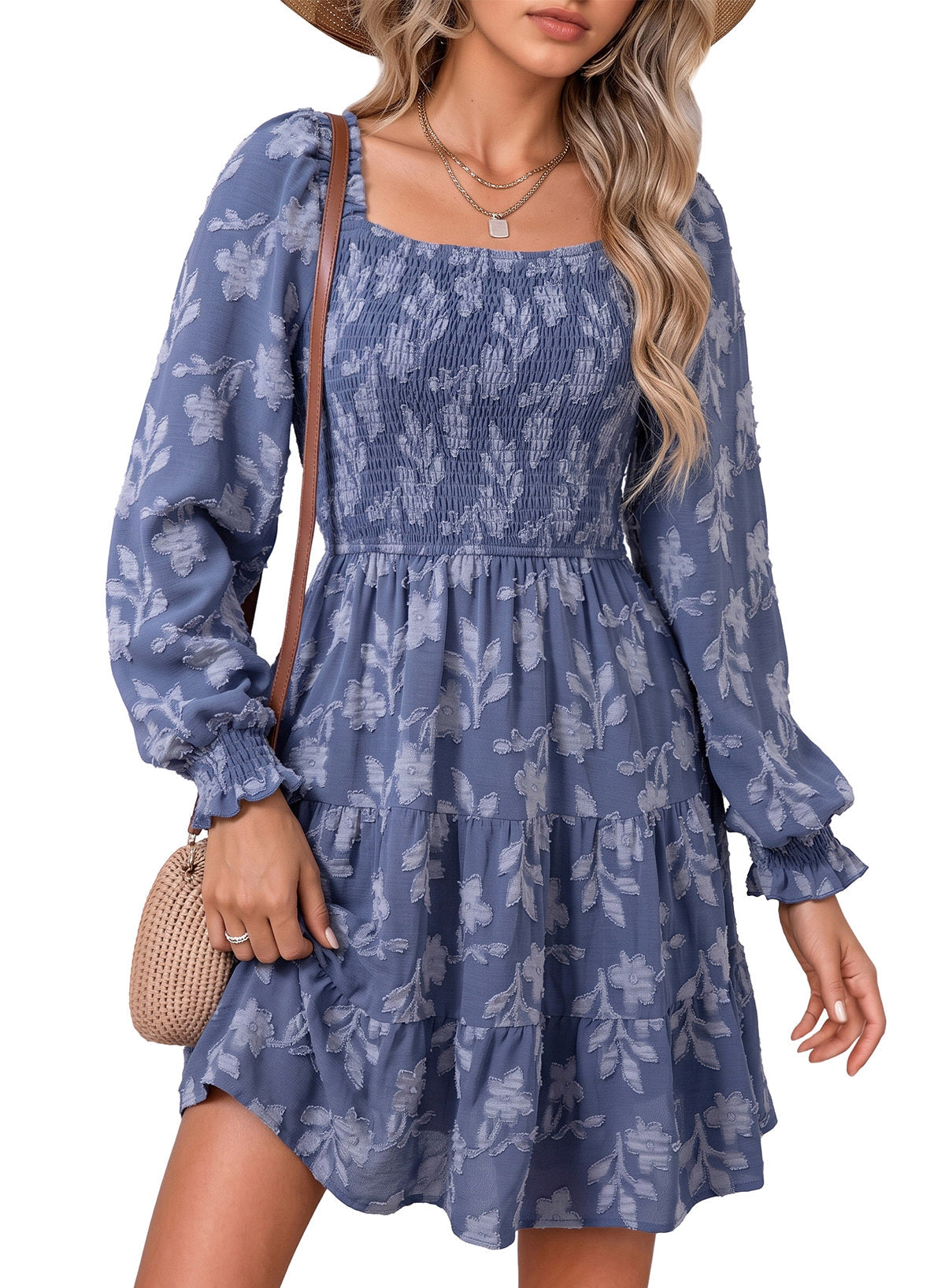 Dokotoo Womens Dresses Long Sleeve Square Neck Smocked Floral Burnout Swing Mini Dress