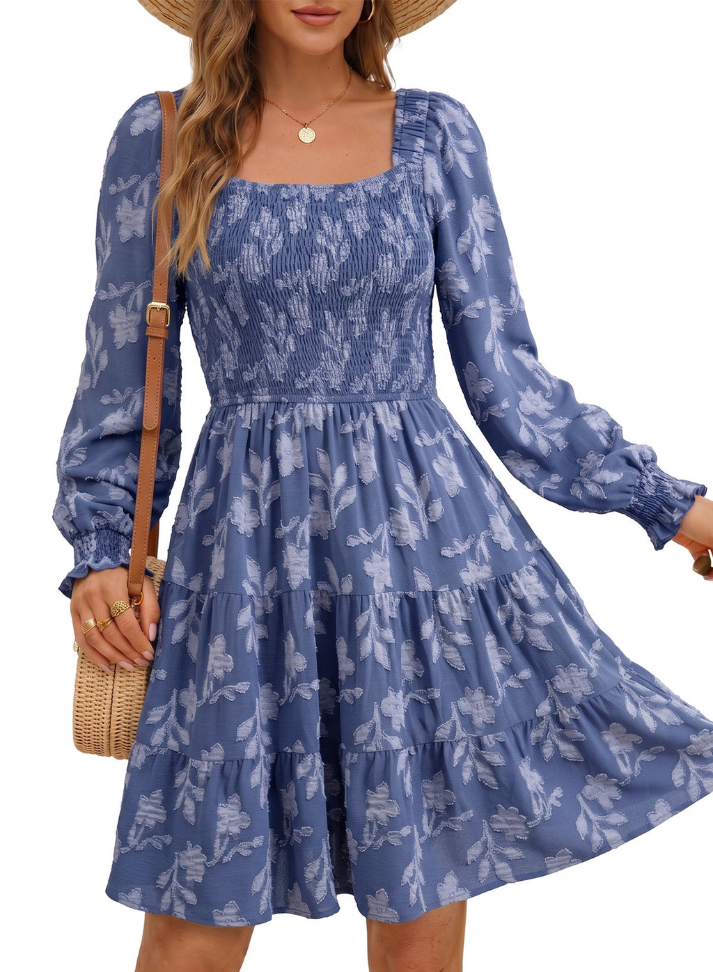 Dokotoo Womens Dresses Long Sleeve Square Neck Smocked Floral Burnout Swing Mini Dress
