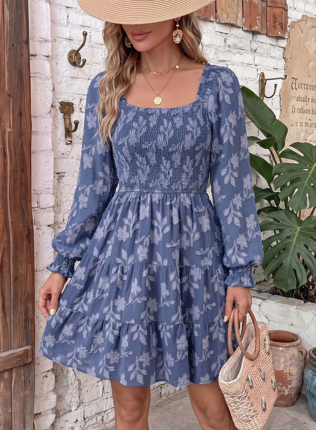 Dokotoo Womens Dresses Long Sleeve Square Neck Smocked Floral Burnout Swing Mini Dress