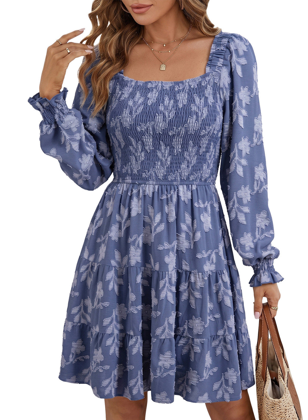 Dokotoo Womens Dresses Long Sleeve Square Neck Smocked Floral Burnout Swing Mini Dress