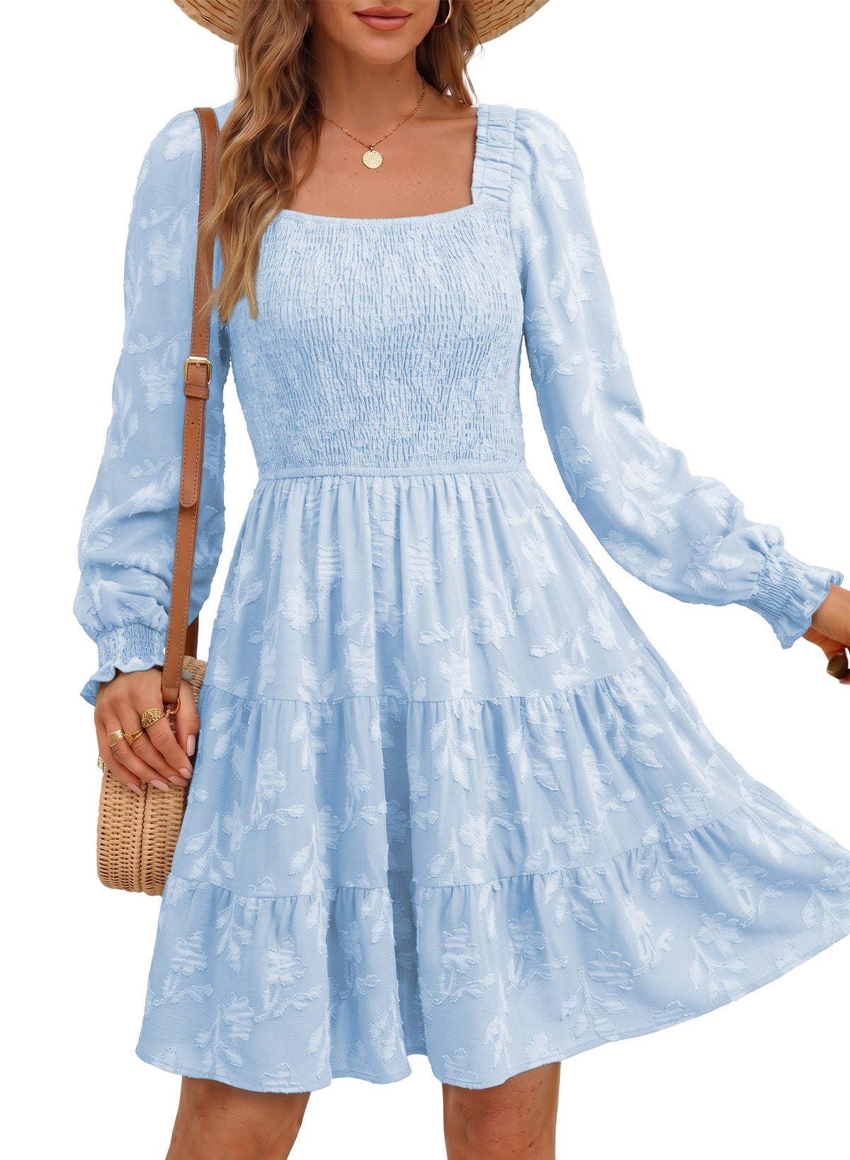 Dokotoo Womens Dresses Long Sleeve Square Neck Smocked Floral Burnout Swing Mini Dress