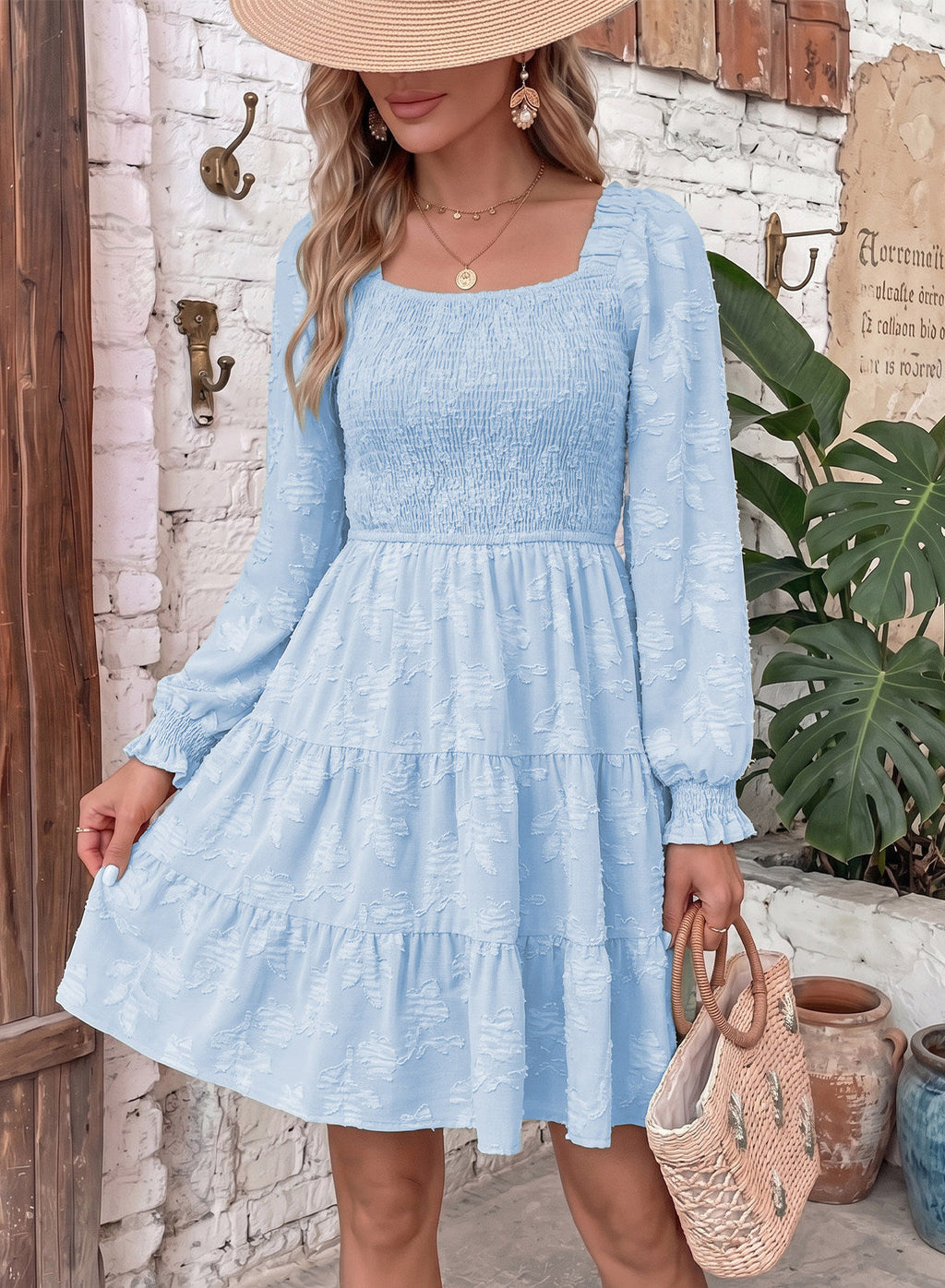 Dokotoo Womens Dresses Long Sleeve Square Neck Smocked Floral Burnout Swing Mini Dress