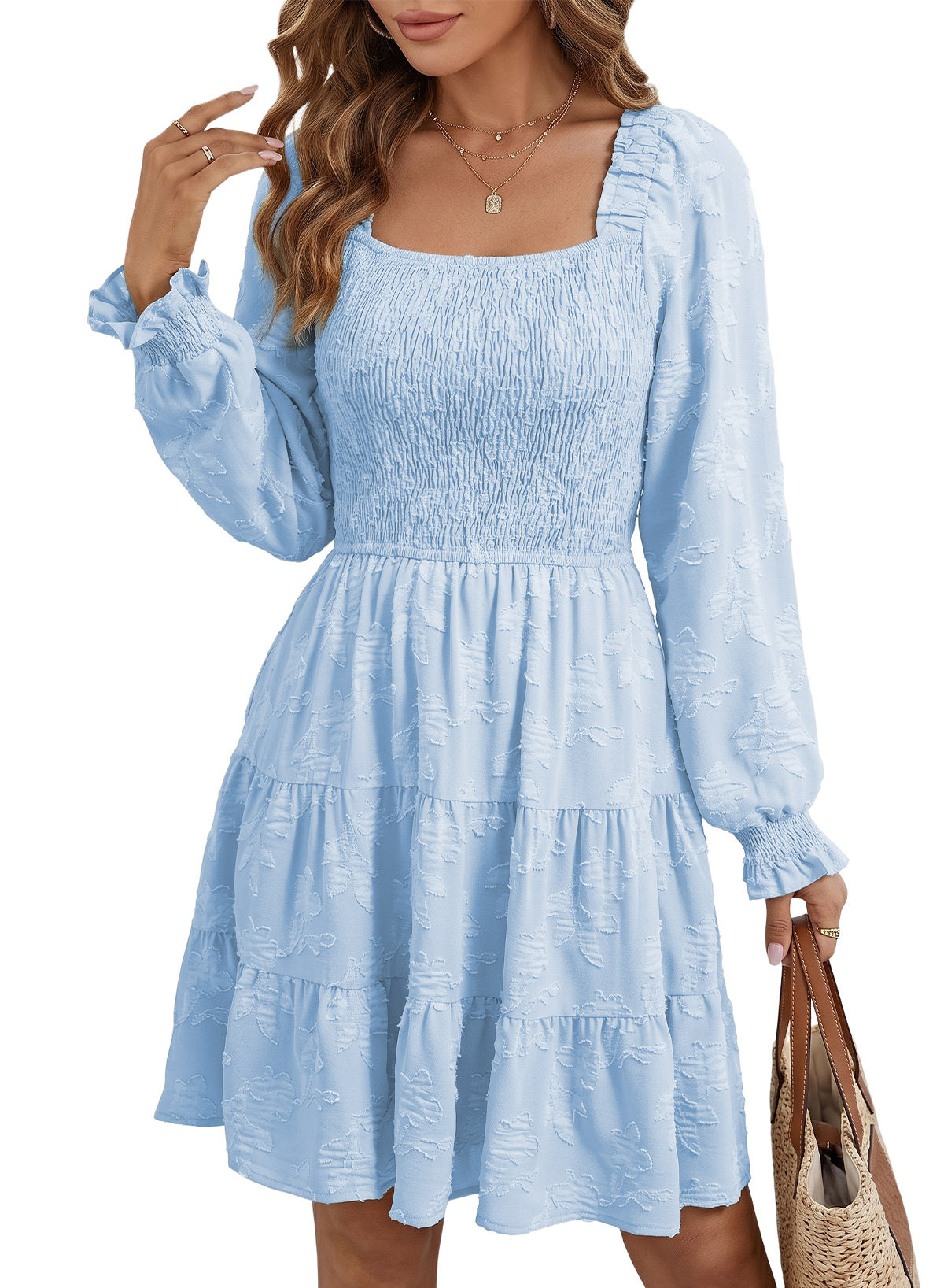 Dokotoo Womens Dresses Long Sleeve Square Neck Smocked Floral Burnout Swing Mini Dress
