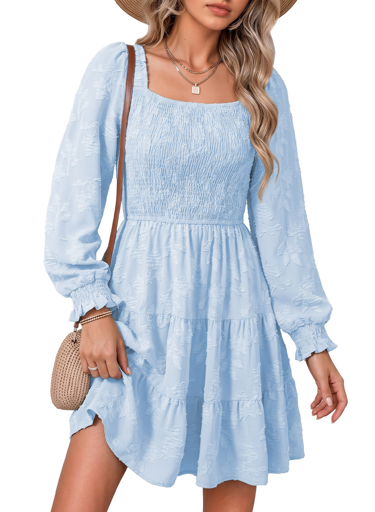 Dokotoo Womens Dresses Long Sleeve Square Neck Smocked Floral Burnout Swing Mini Dress
