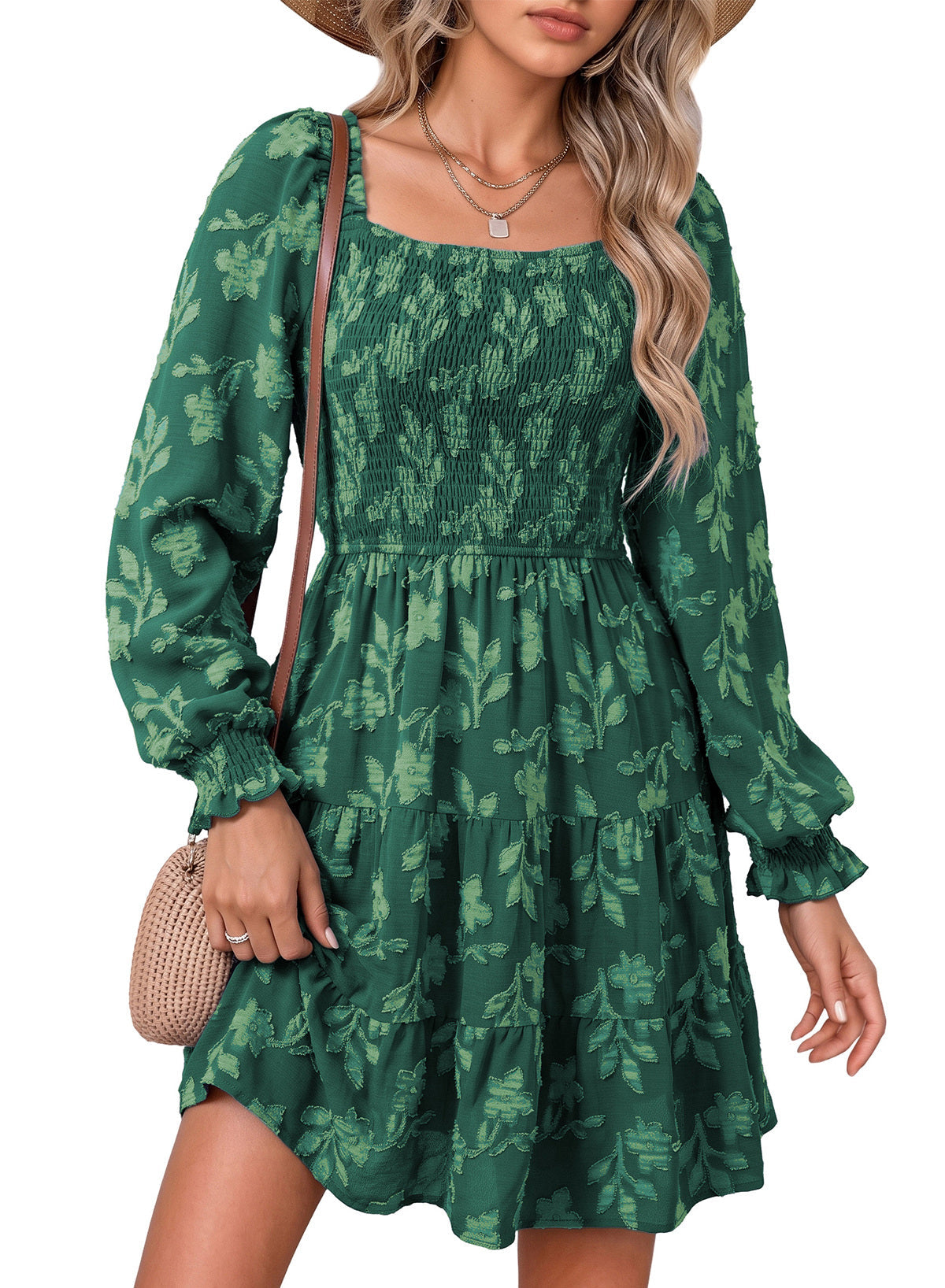 Dokotoo Womens Dresses Long Sleeve Square Neck Smocked Floral Burnout Swing Mini Dress