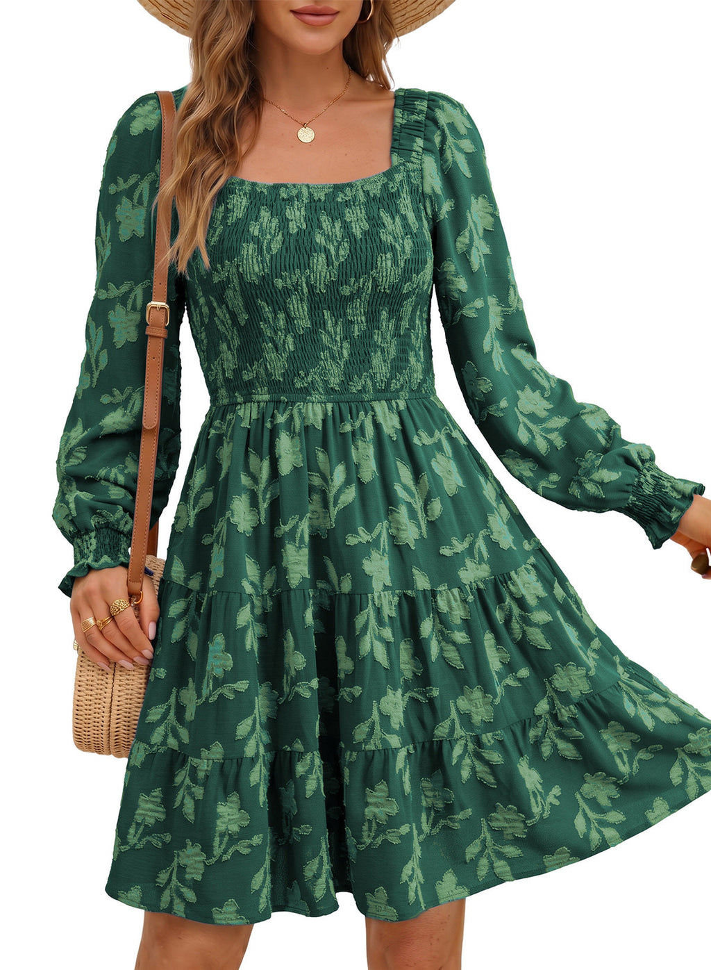 Dokotoo Womens Dresses Long Sleeve Square Neck Smocked Floral Burnout Swing Mini Dress
