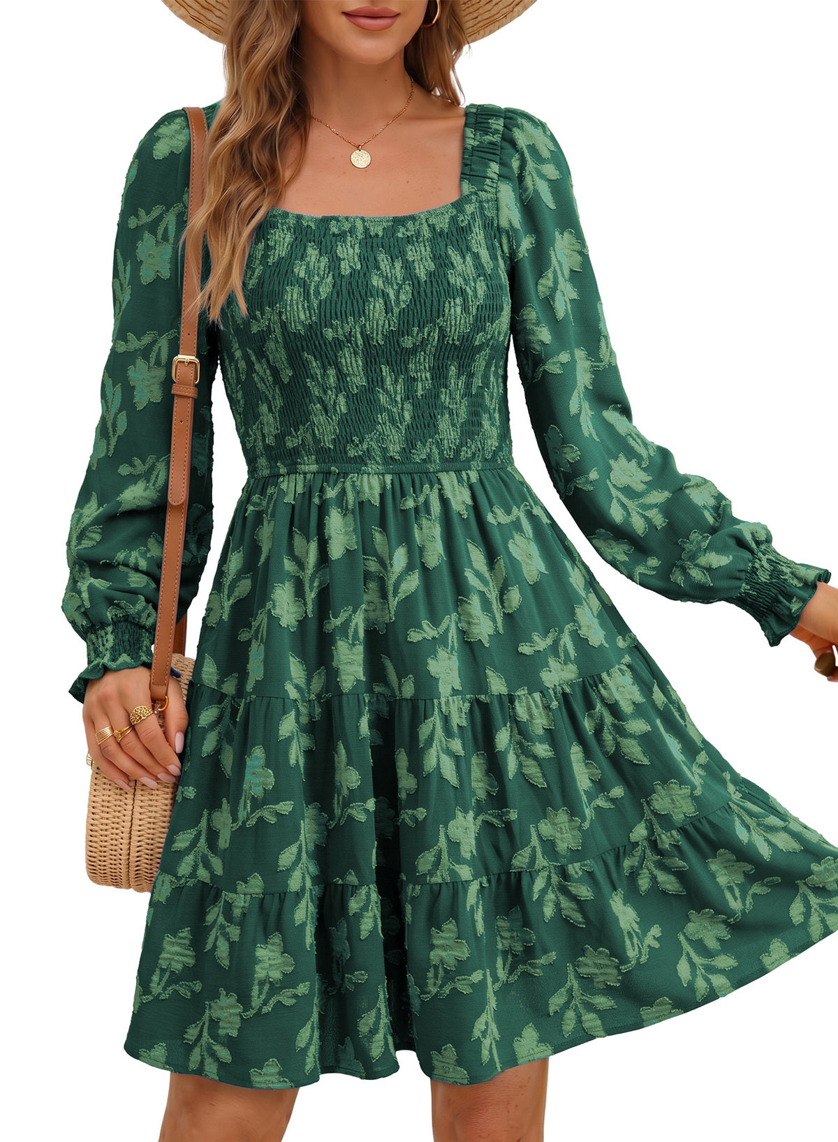 Dokotoo Womens Dresses Long Sleeve Square Neck Smocked Floral Burnout Swing Mini Dress