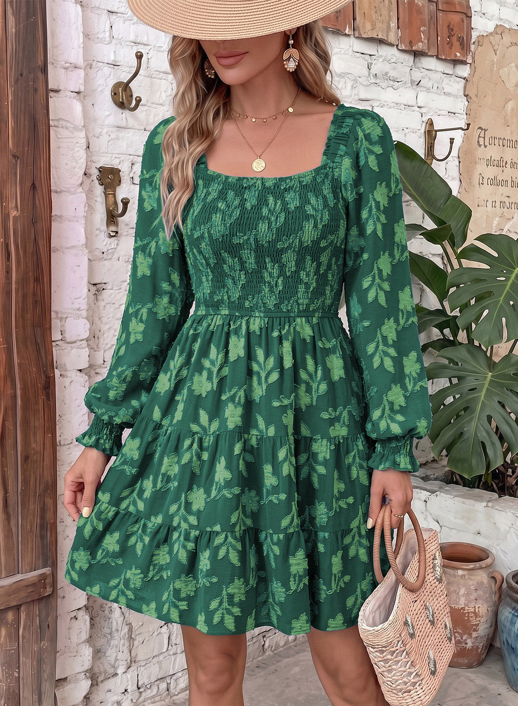 Dokotoo Womens Dresses Long Sleeve Square Neck Smocked Floral Burnout Swing Mini Dress