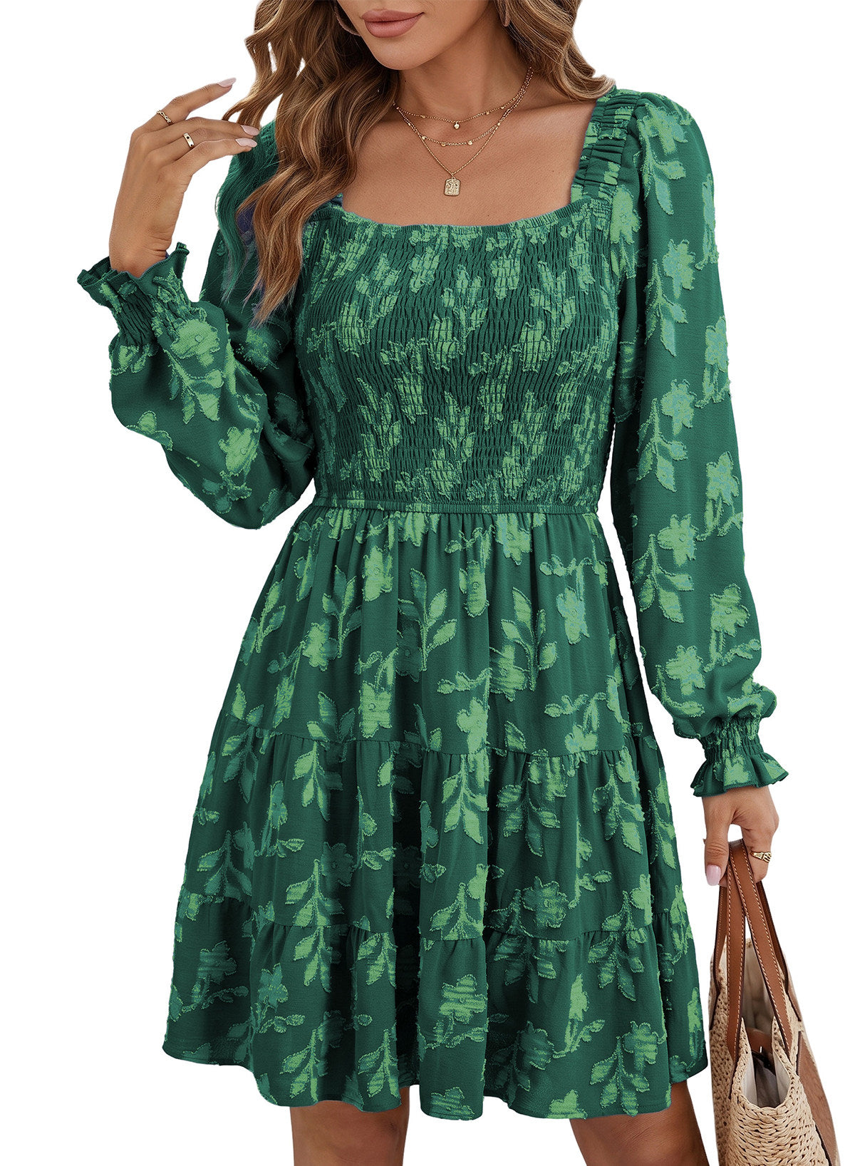 Dokotoo Womens Dresses Long Sleeve Square Neck Smocked Floral Burnout Swing Mini Dress