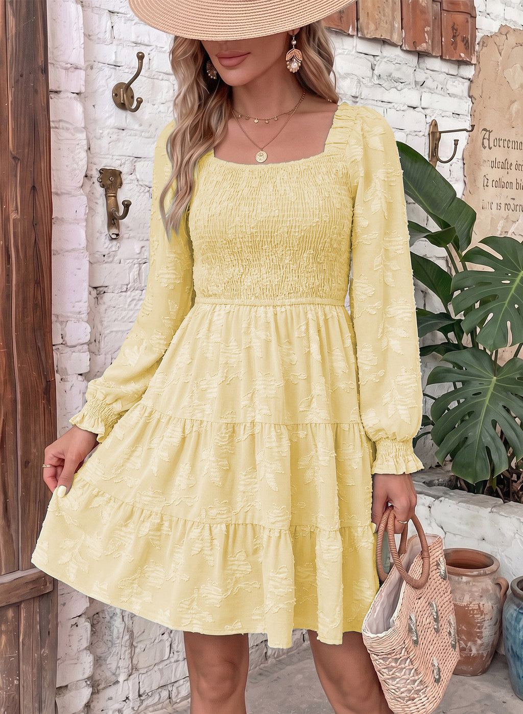 Dokotoo Womens Dresses Long Sleeve Square Neck Smocked Floral Burnout Swing Mini Dress