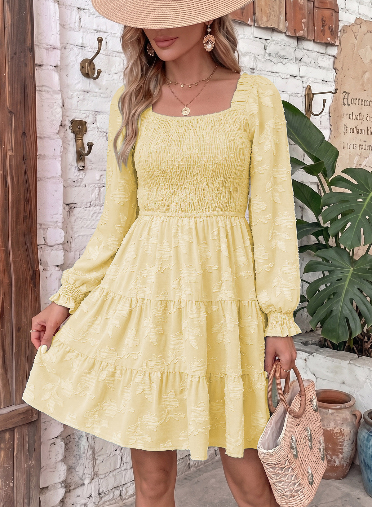 Dokotoo Womens Dresses Long Sleeve Square Neck Smocked Floral Burnout Swing Mini Dress