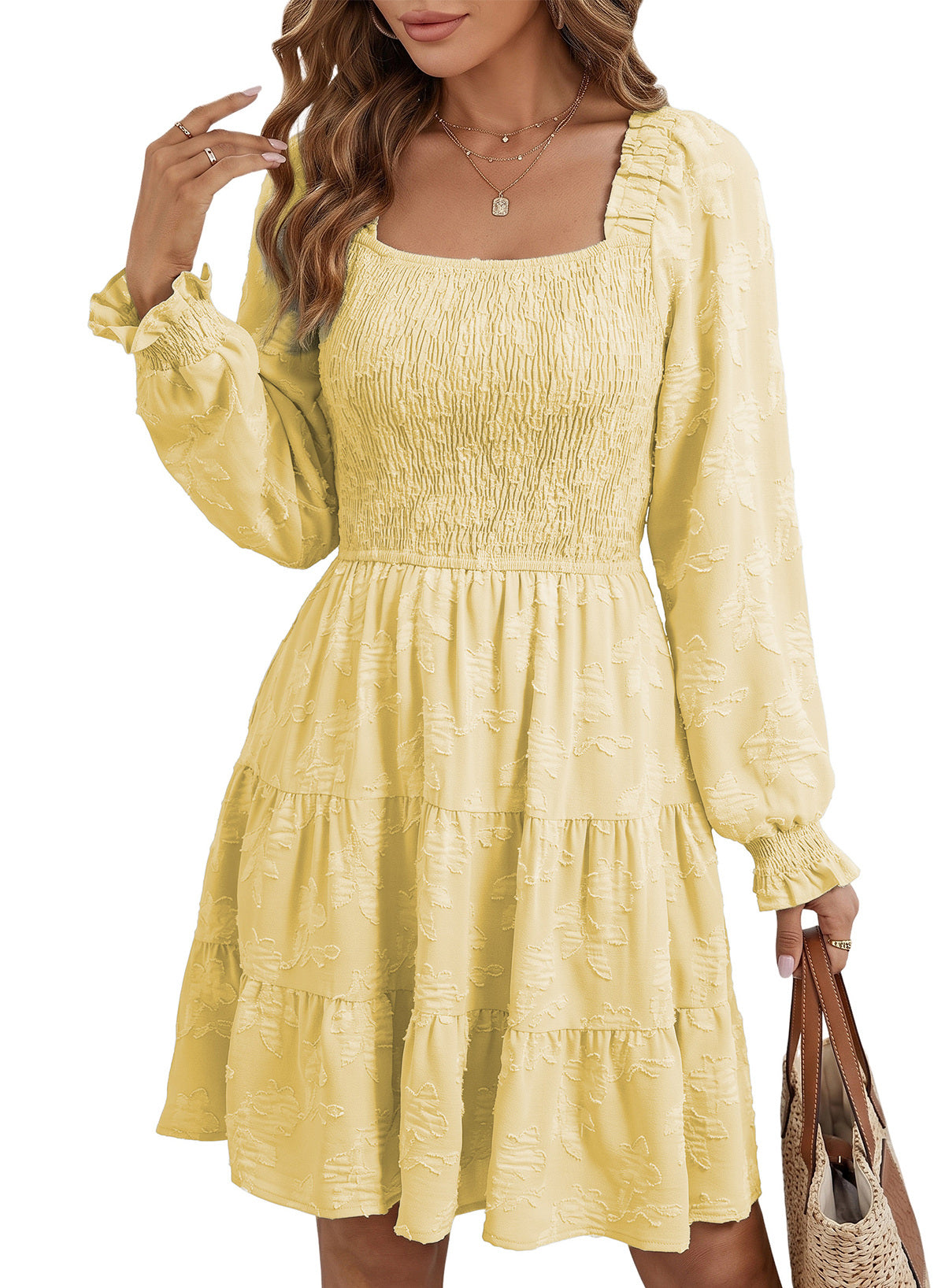 Dokotoo Womens Dresses Long Sleeve Square Neck Smocked Floral Burnout Swing Mini Dress
