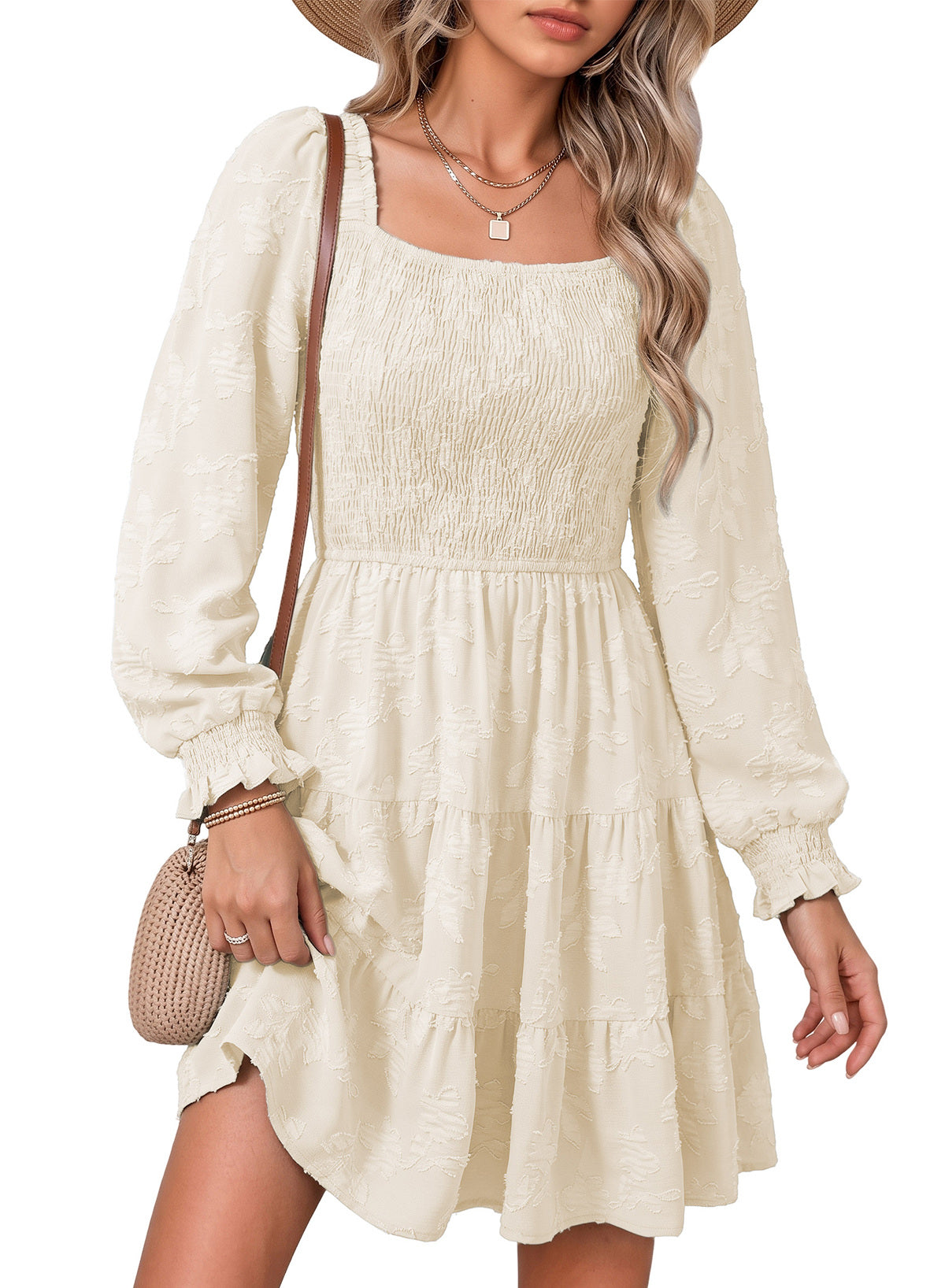 Dokotoo Womens Dresses Long Sleeve Square Neck Smocked Floral Burnout Swing Mini Dress