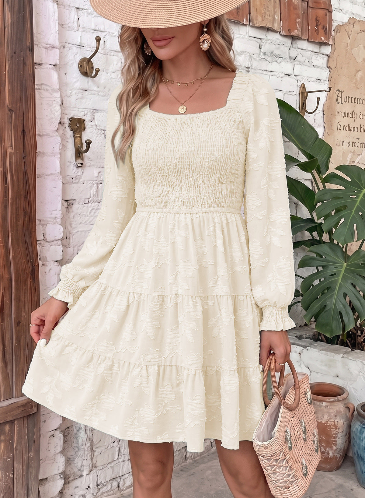 Dokotoo Womens Dresses Long Sleeve Square Neck Smocked Floral Burnout Swing Mini Dress